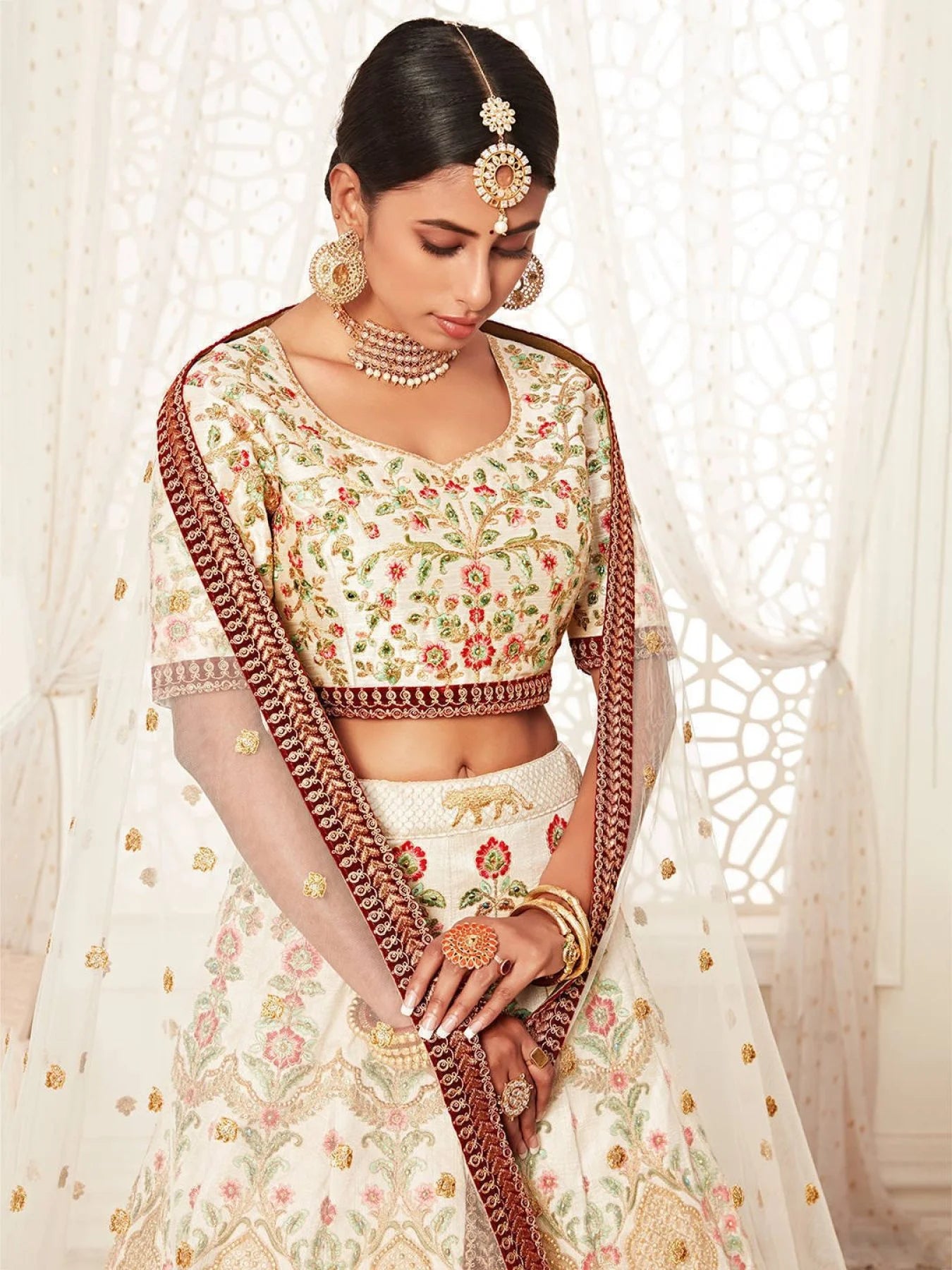 Off White Embroidered Art Silk Extravagant Wedding Lehenga Choli at Best Offer Rates