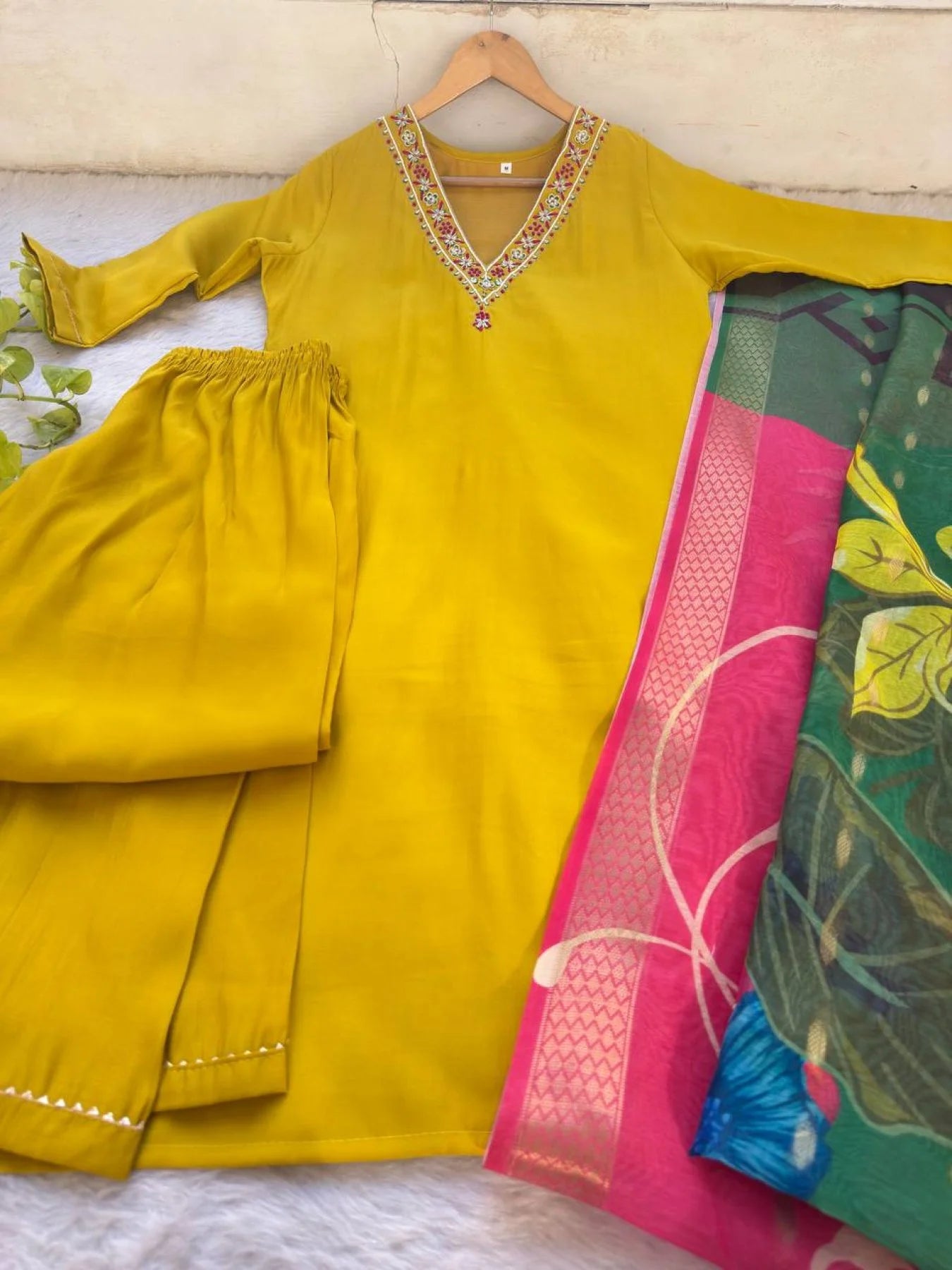 Premium Roman Silk Kurti Set with Hand Embroidery & Jacquard Dupatta 3PC Festive Wear at Wholesale Price