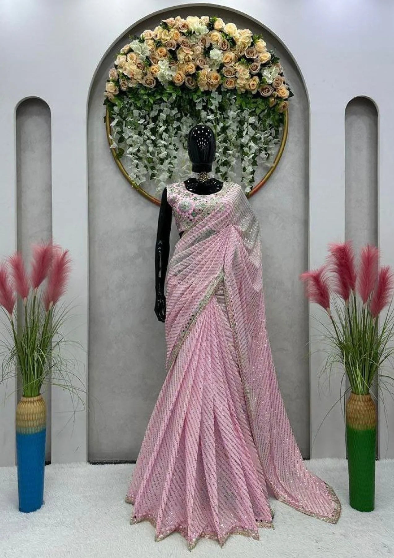 Baby Pink Mirror Sequin Embroidered Saree