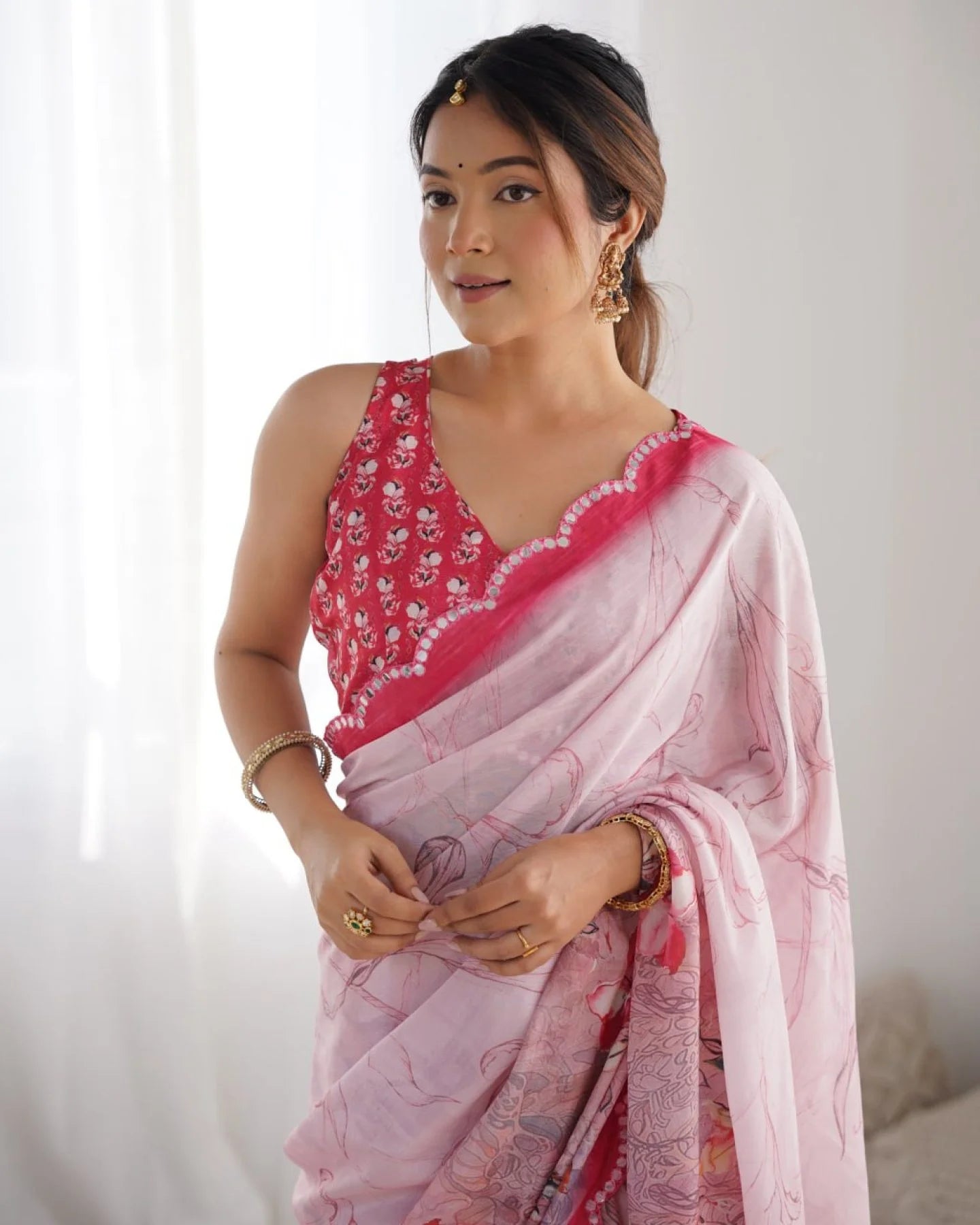 Baby Pink Chinon Saree with Pure Kutchi Mirror Work Lace Special Occasion Wear from Top Surat Supplier