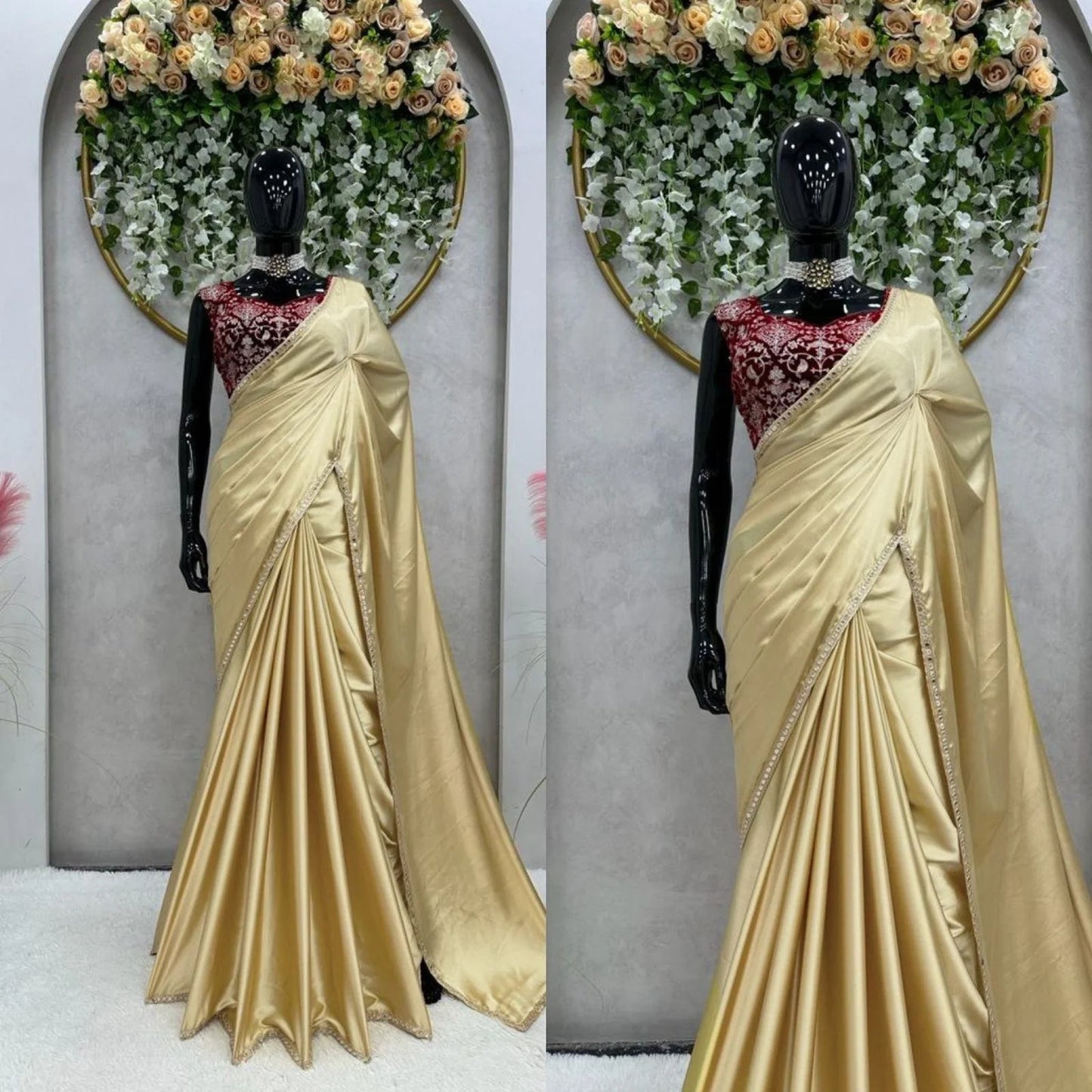 Cream Color Japan Satin Sequence Lace Work Saree