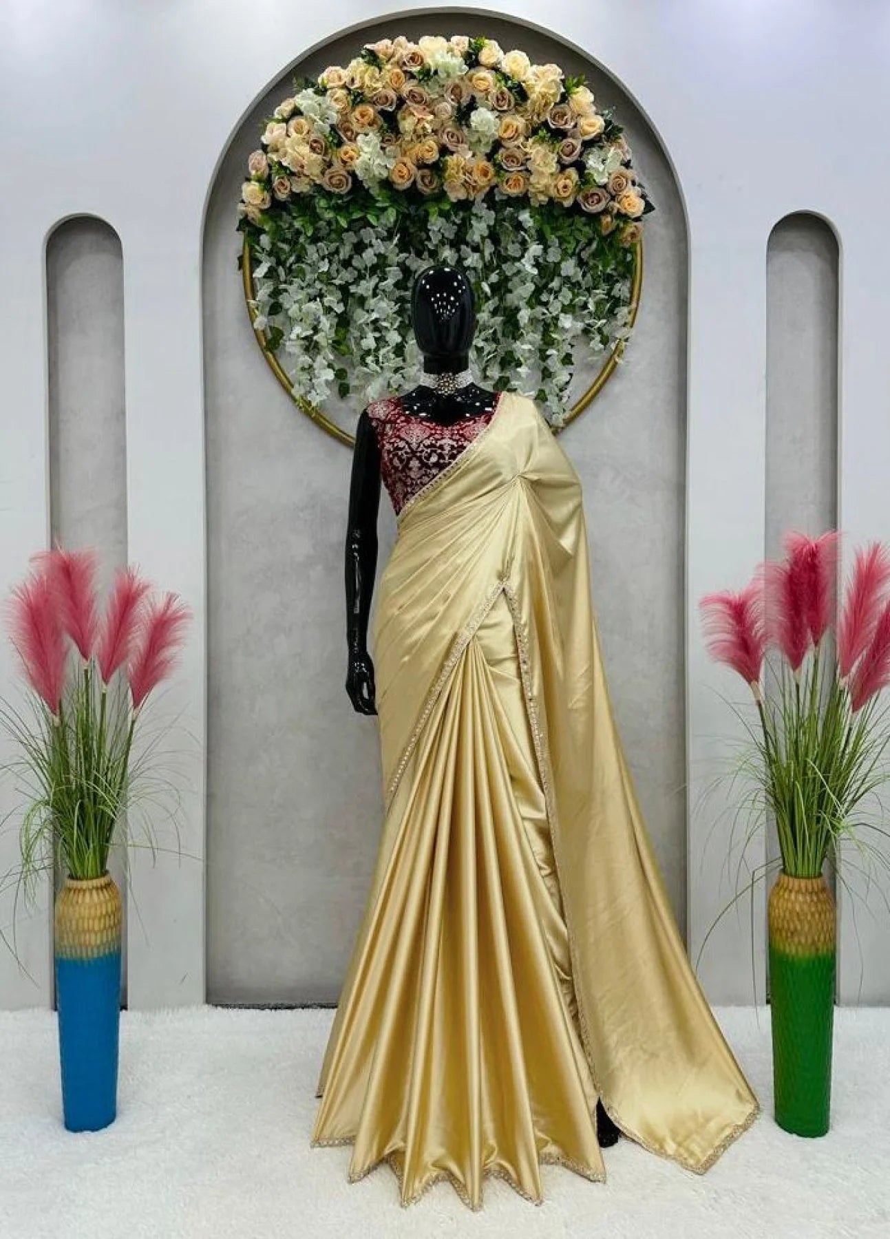 Cream Color Japan Satin Sequence Lace Work Saree