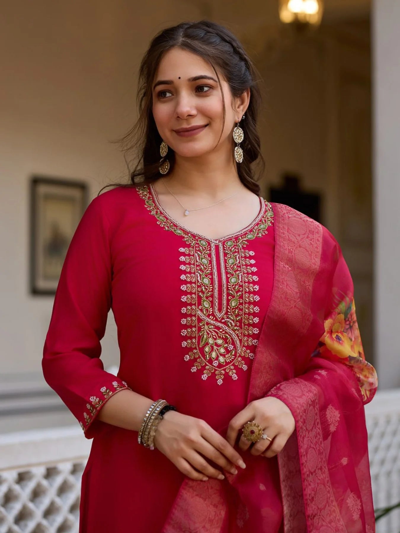 Bead Work Viscose Chanderi Kurti Suit Set with Printed Organza Dupatta Ready to Wear 3 Piece Set at Manufacturer Rate