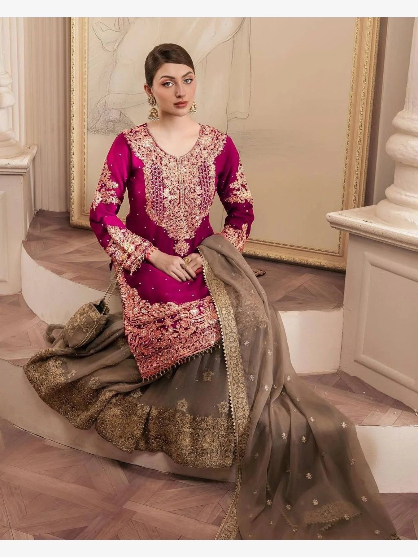 Beautiful Designer faux Georgette Sequence Pink Sharara set with Dupatta