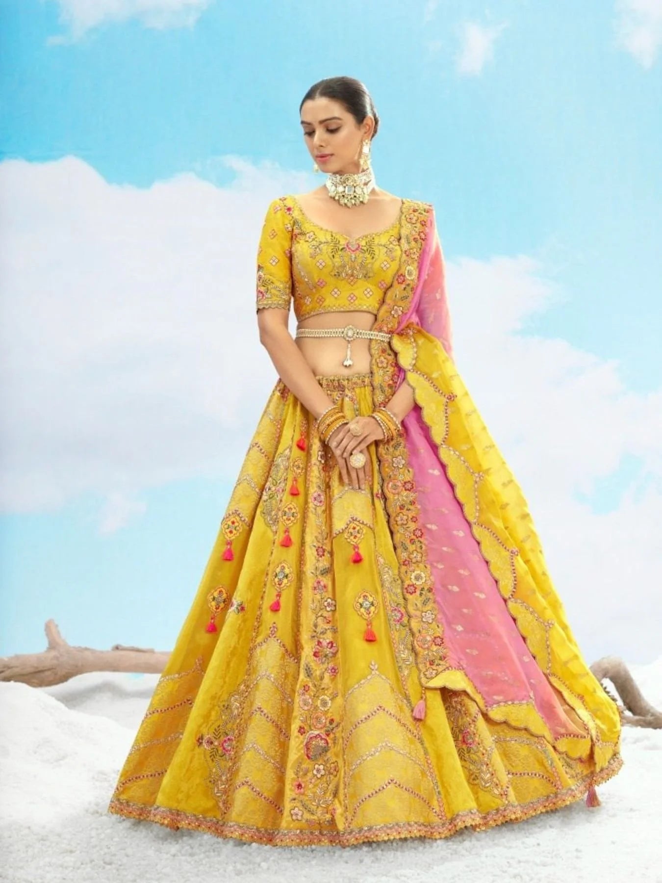 Designer Wedding Yellow Gold Bridal Lehenga Choli with Embroidery Cutwork Border