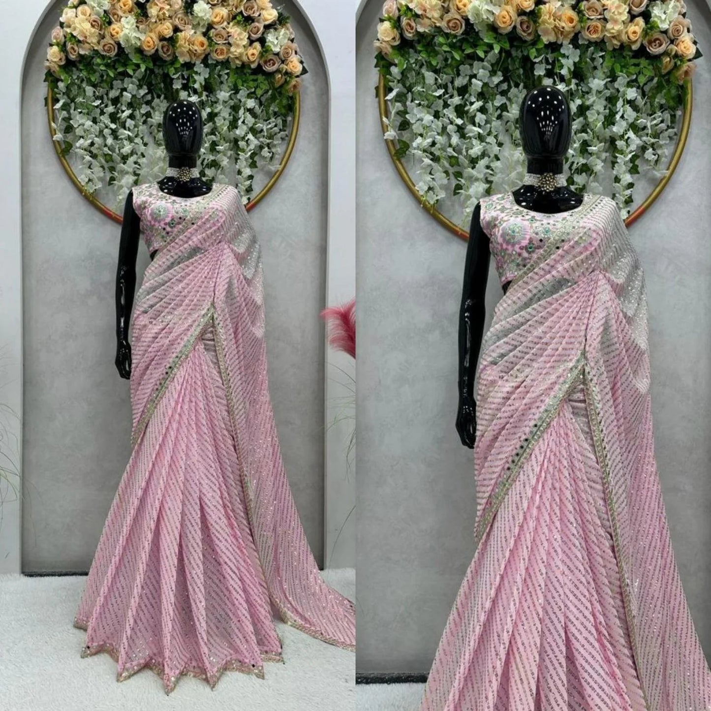 Baby Pink Mirror Sequin Embroidered Saree
