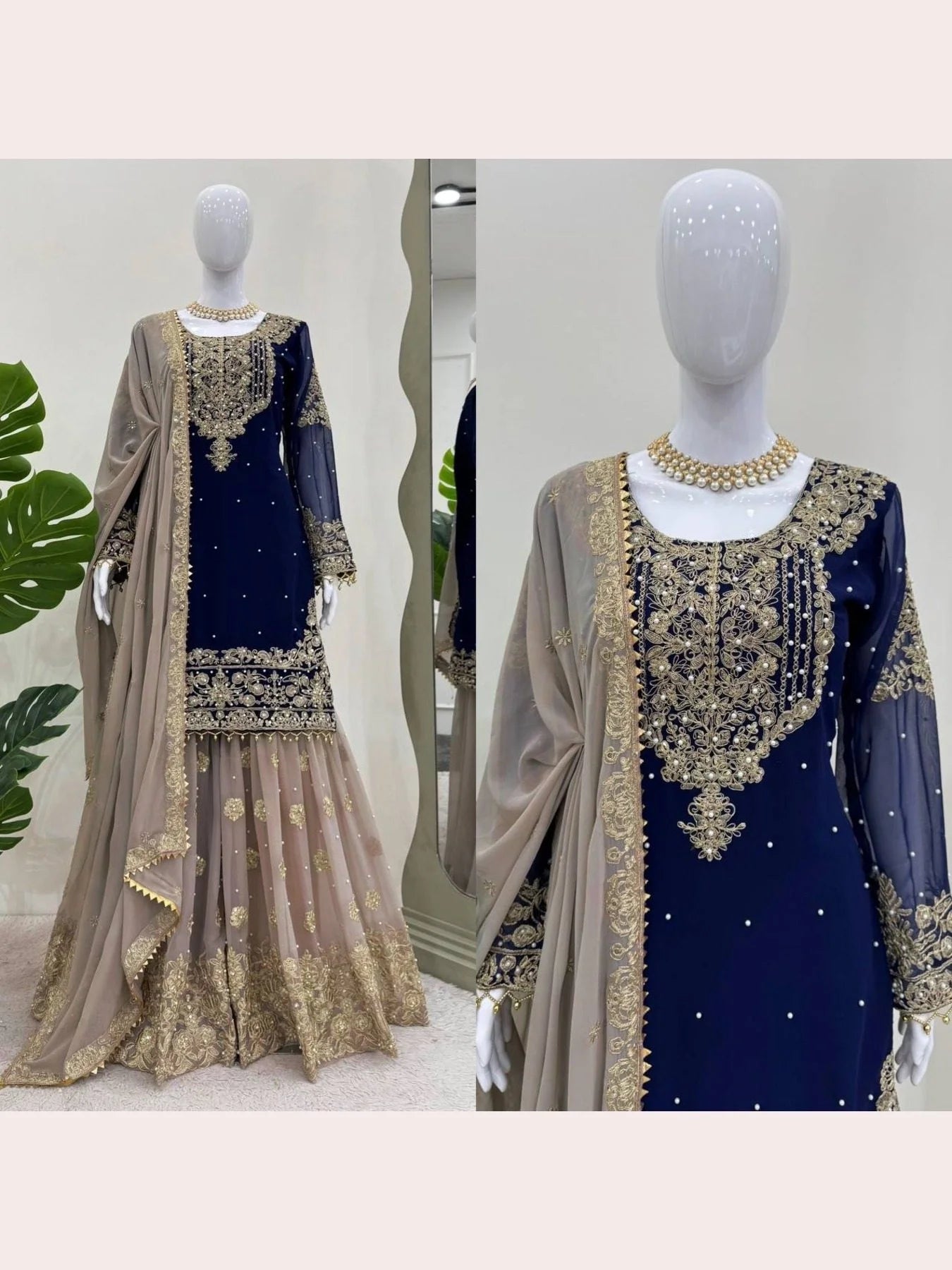 Beautiful Designer faux Georgette Sequence Blue Sharara set with Dupatta