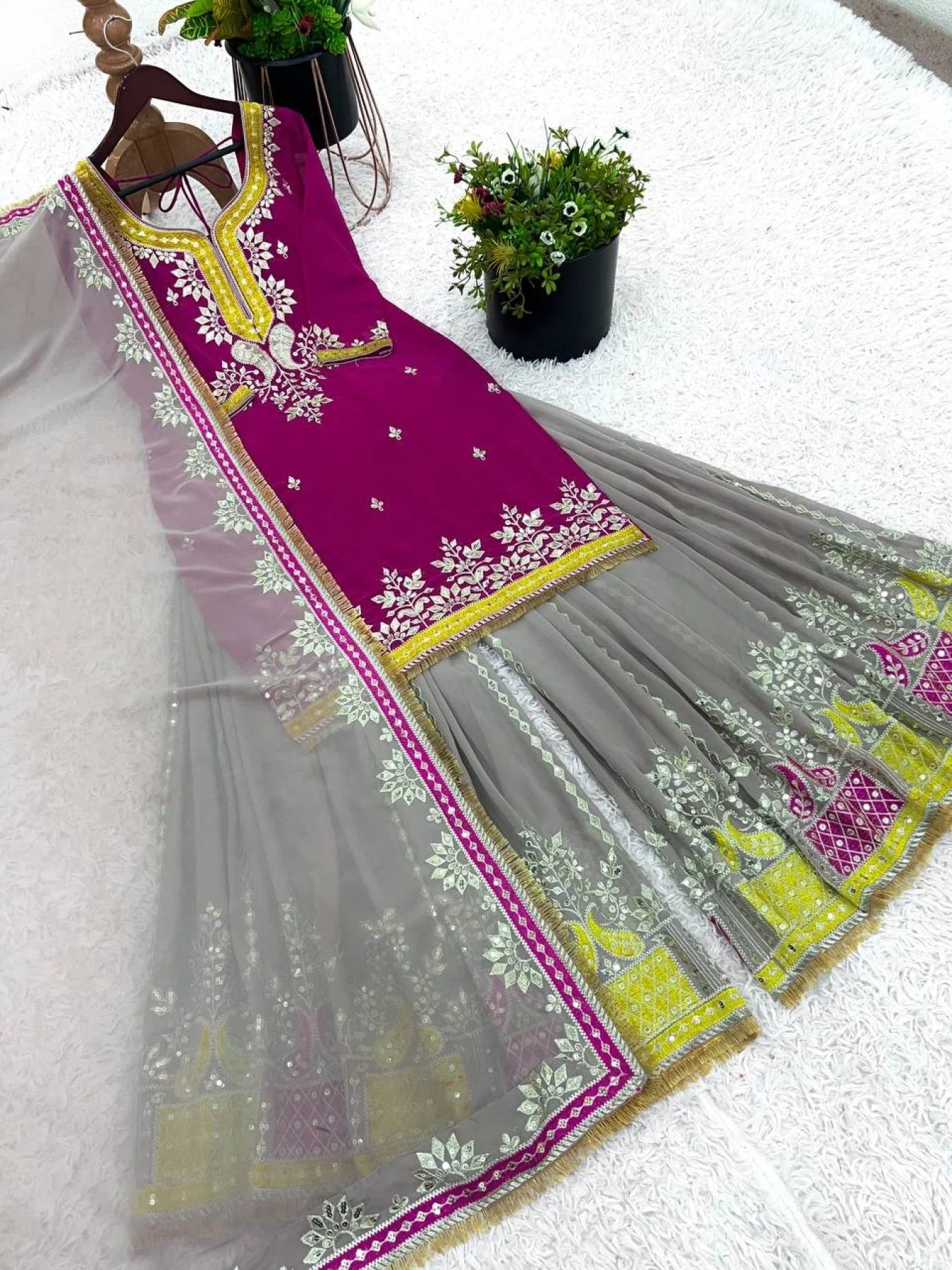 2025 Wholesale Premium Mustard Georgette Sharara Suit Fully Stitched Heavy Embroidery Ready to Wear Designer Collection at Affordable Prices
