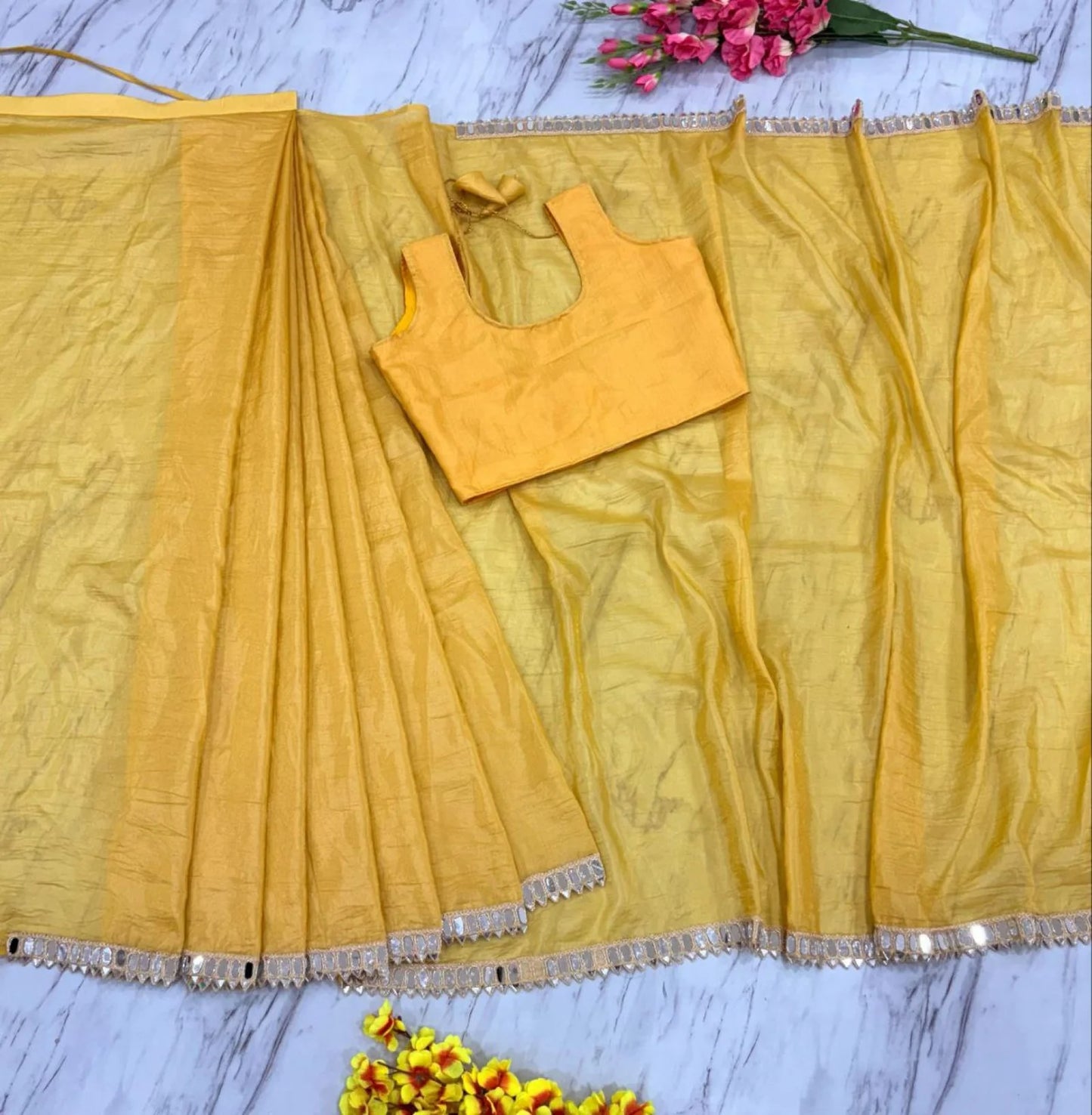 Sunset Yellow Pure Gold Crush Fancy Saree with Unstitched Blouse Piece