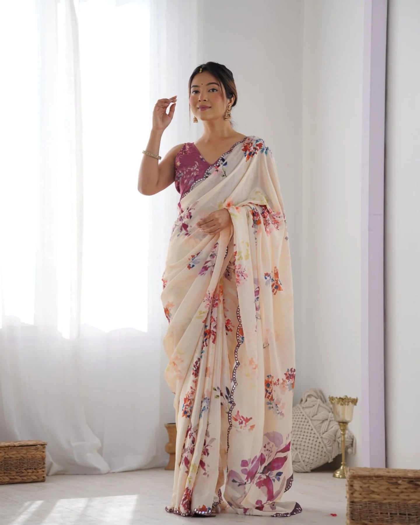 Flower Design Digital Chinnon Saree with Contrast Mirror Lace Trendy Floral Fashion at Factory Price