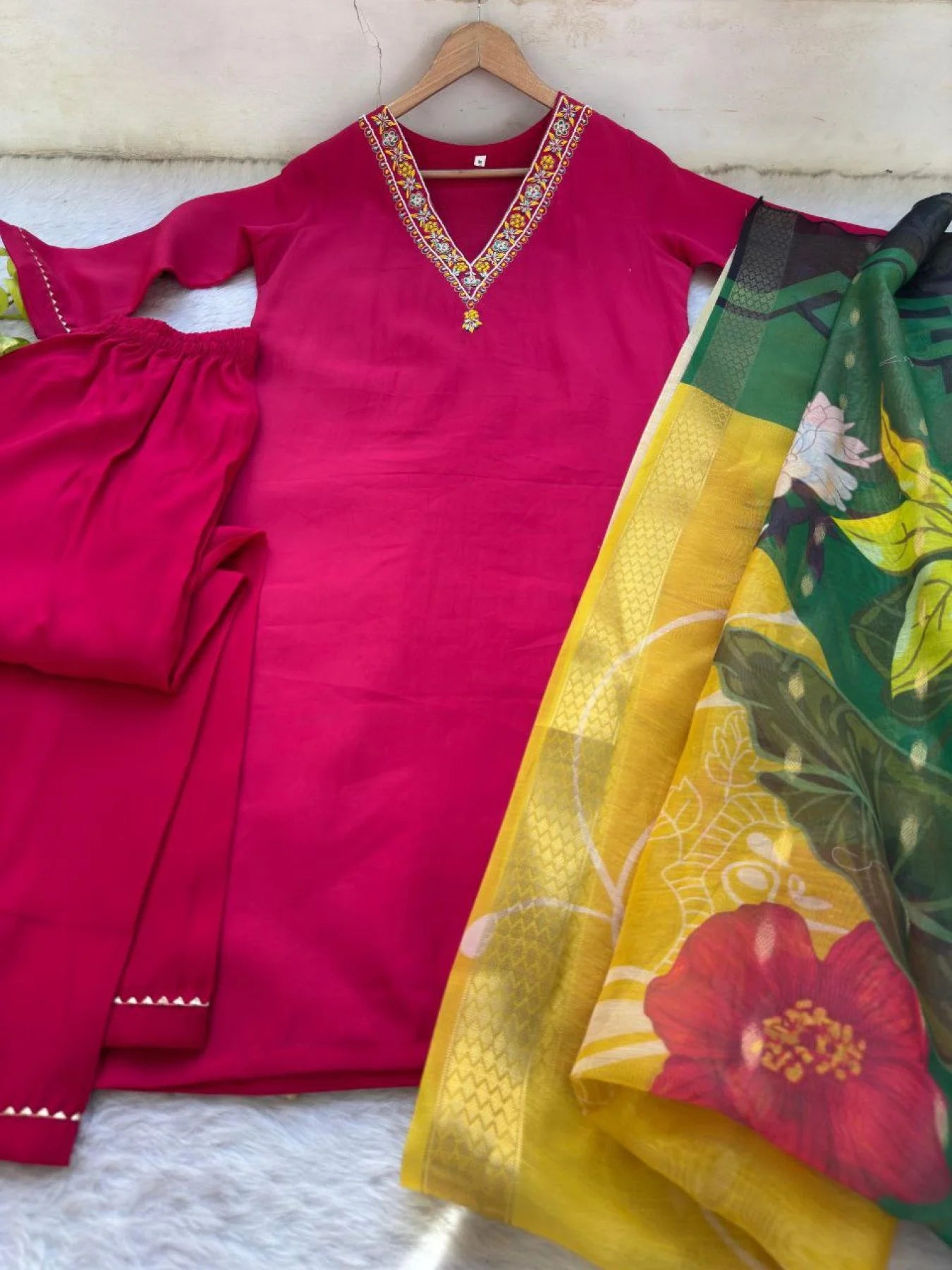 Roman Silk Kurti Pant Dupatta Set Hand Embroidered 3PC with Designer Chanderi Dupatta Wholesale from Surat