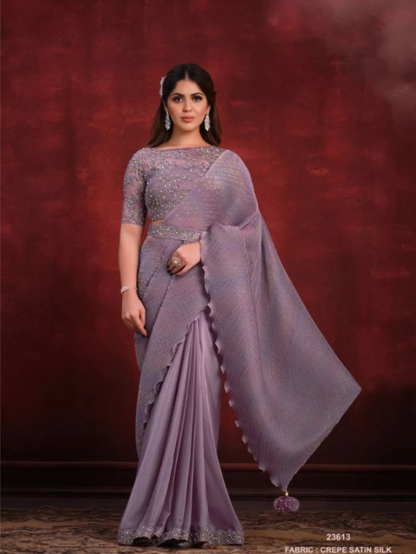Designer Crepe Satin Silk Sequence Thread Party Wear Saree With Stone Work At Low Price