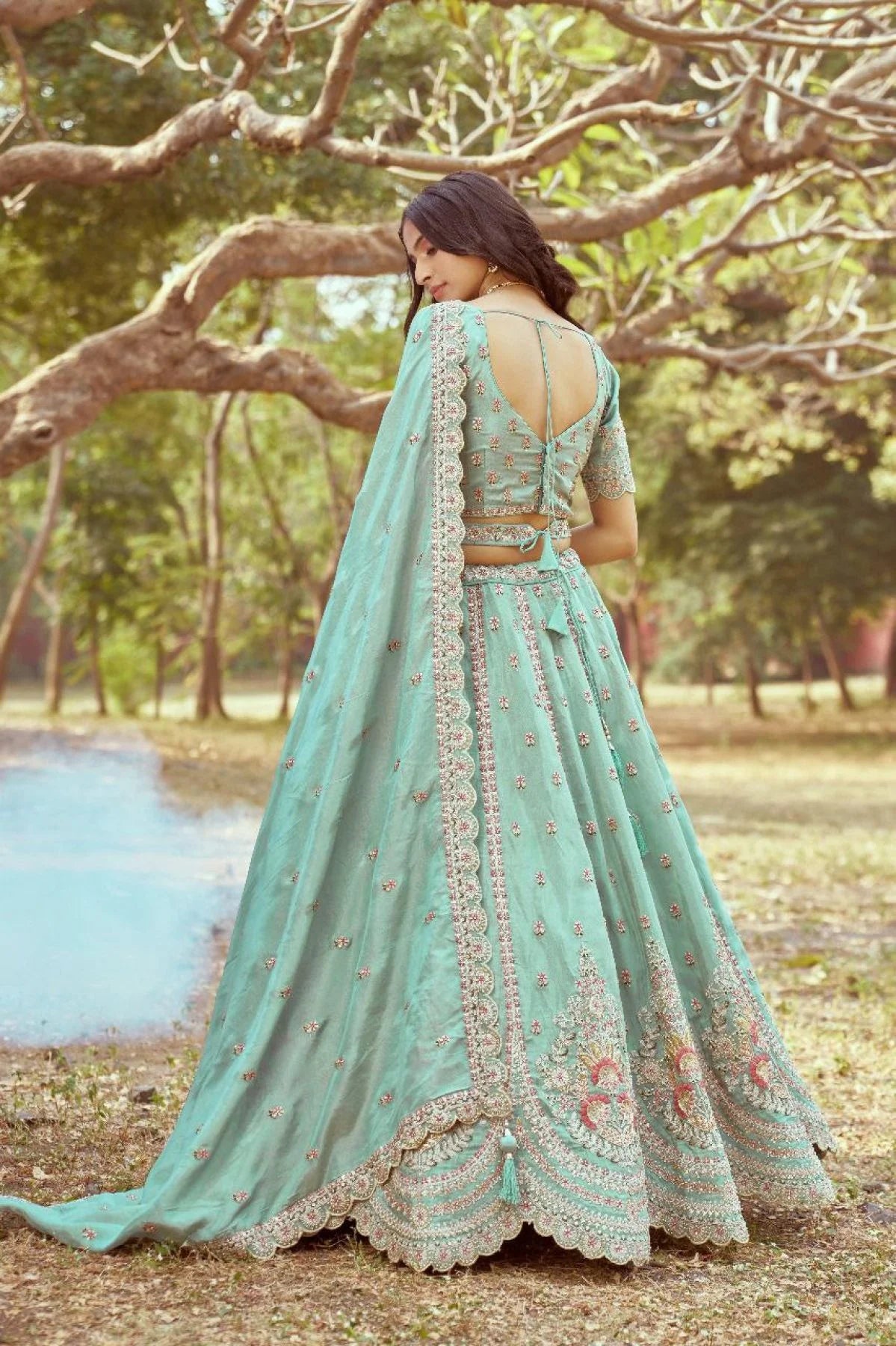 Sea Green Crushed Tissue Bridal Lehenga Multi Embroidery with Moti Zari Dupatta Latest Exporter Designer