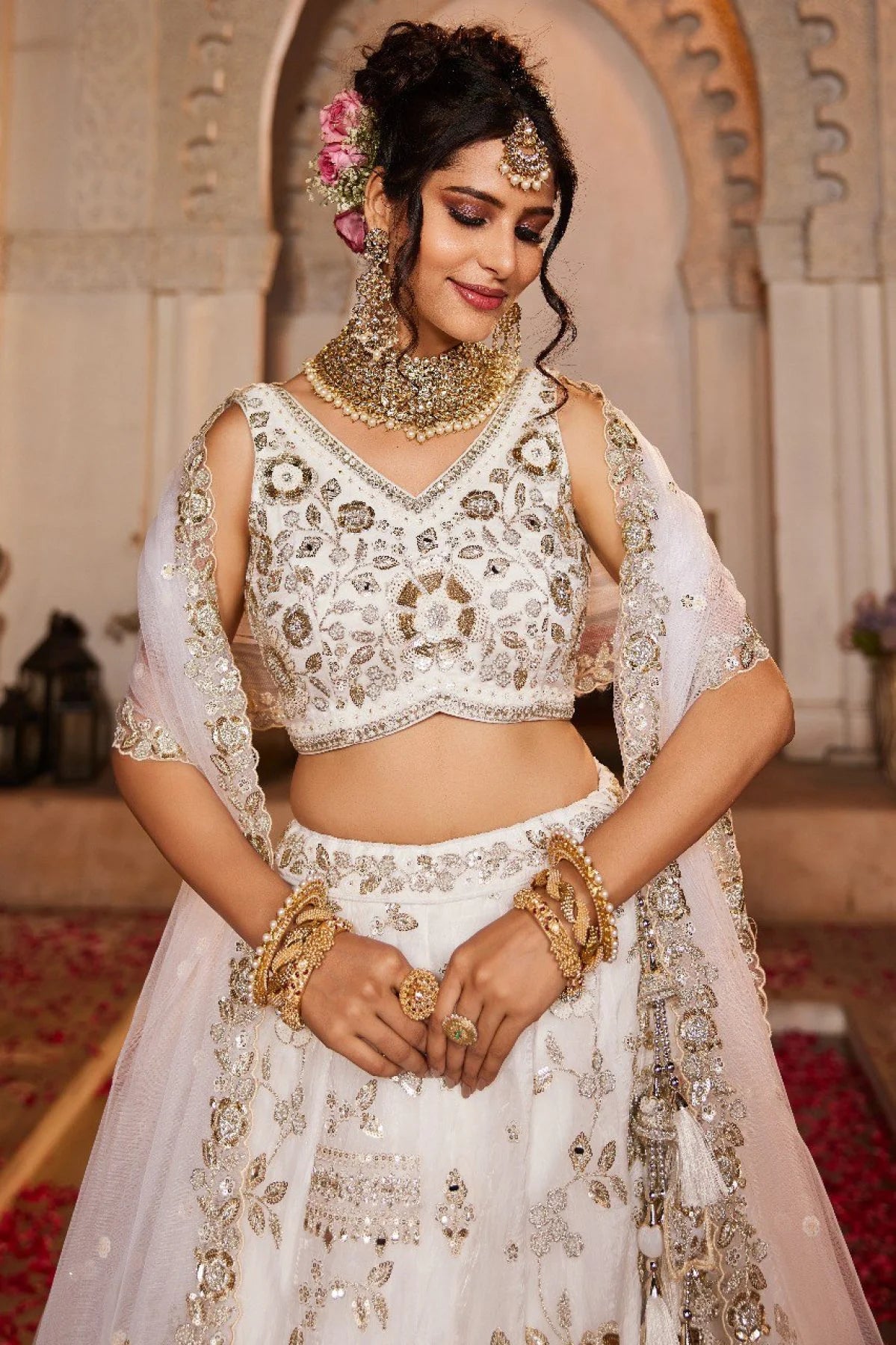 Attractive Off White Sequins Tissue Silk Lehenga Choli Beads Mirror Zari Work from Surat Manufacturer