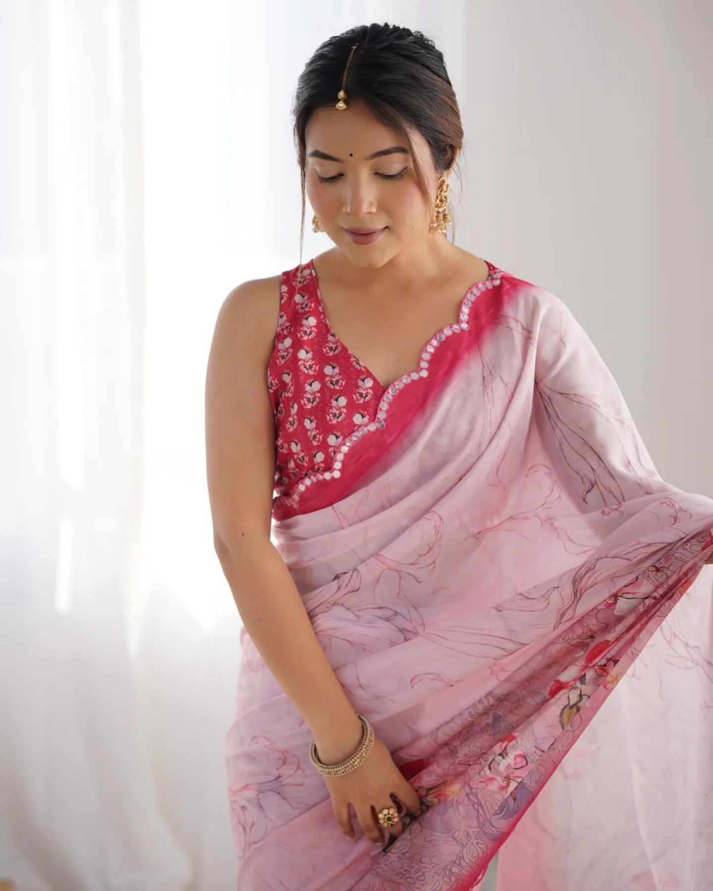 Baby Pink Chinon Saree with Pure Kutchi Mirror Work Lace Special Occasion Wear from Top Surat Supplier