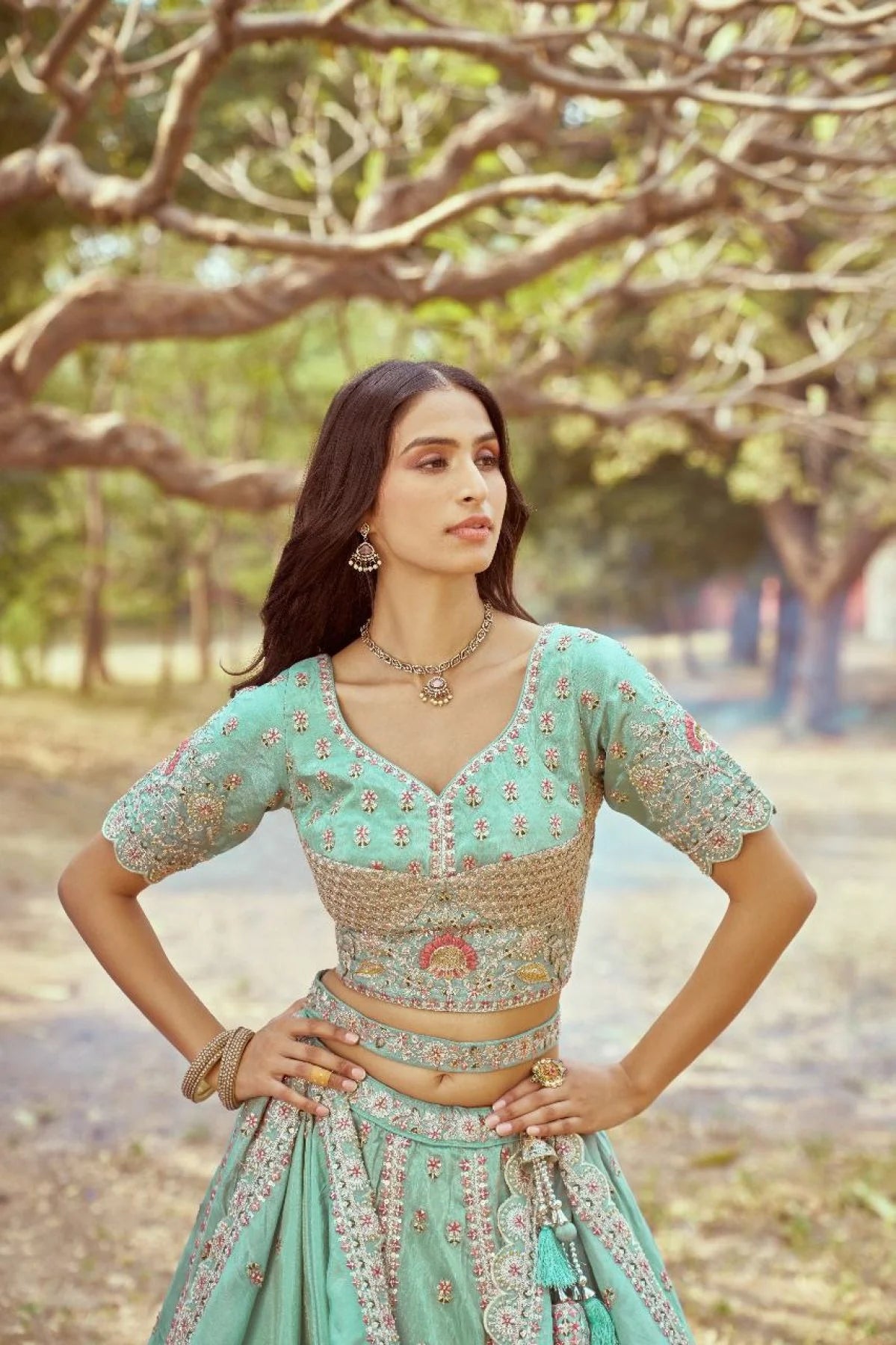 Sea Green Crushed Tissue Bridal Lehenga Multi Embroidery with Moti Zari Dupatta Latest Exporter Designer