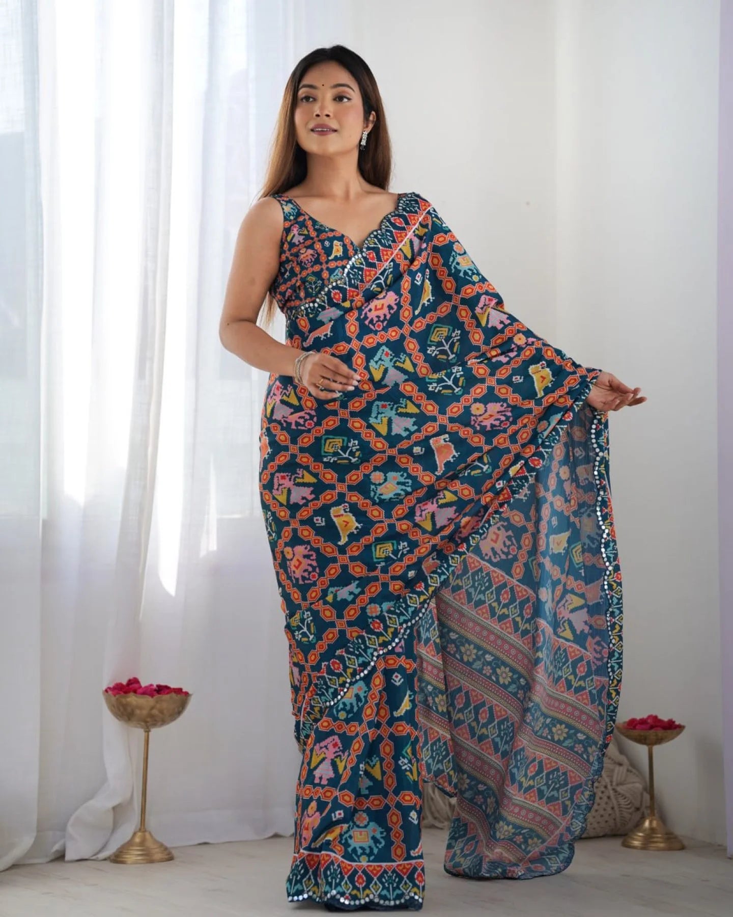 Two Tone Chinon Saree with Mirror Work Embellishments New Arrival Export Quality at Wholesale Price