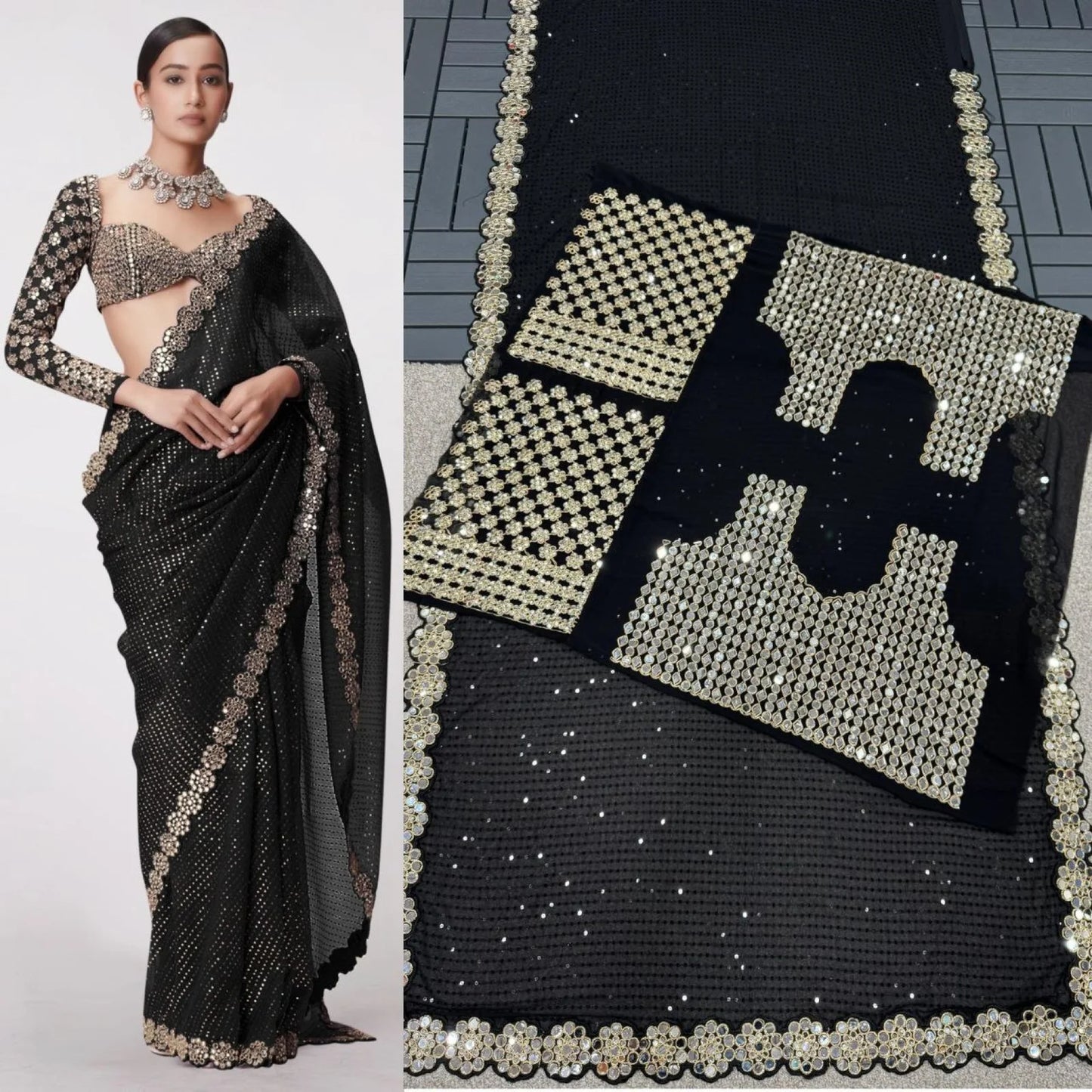 Block Buster Bollywood Black Saree with Heavy Embroidery Work