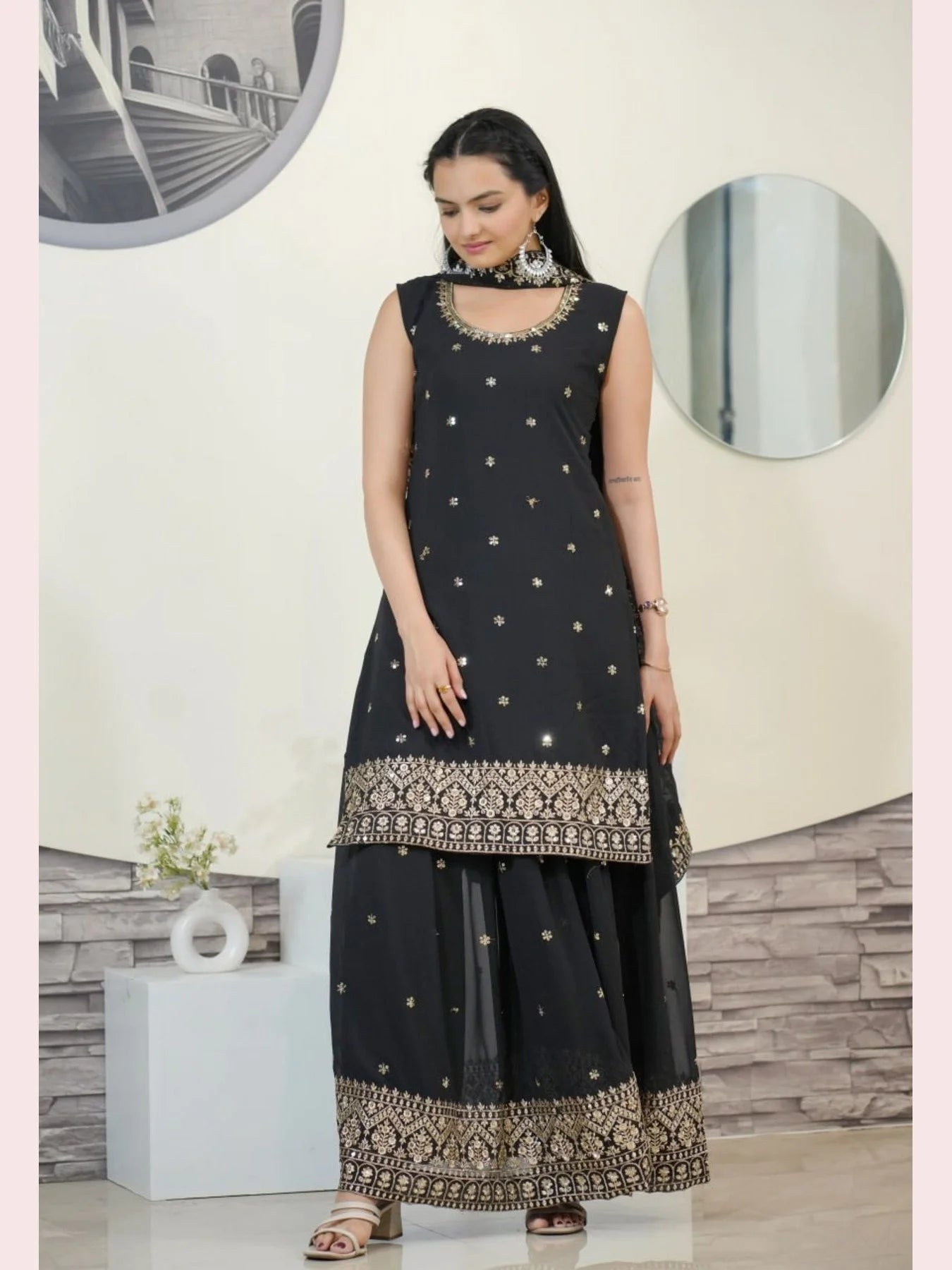 New Designer Faux Georgette Black Sharara set with Embroidery Sequence Work