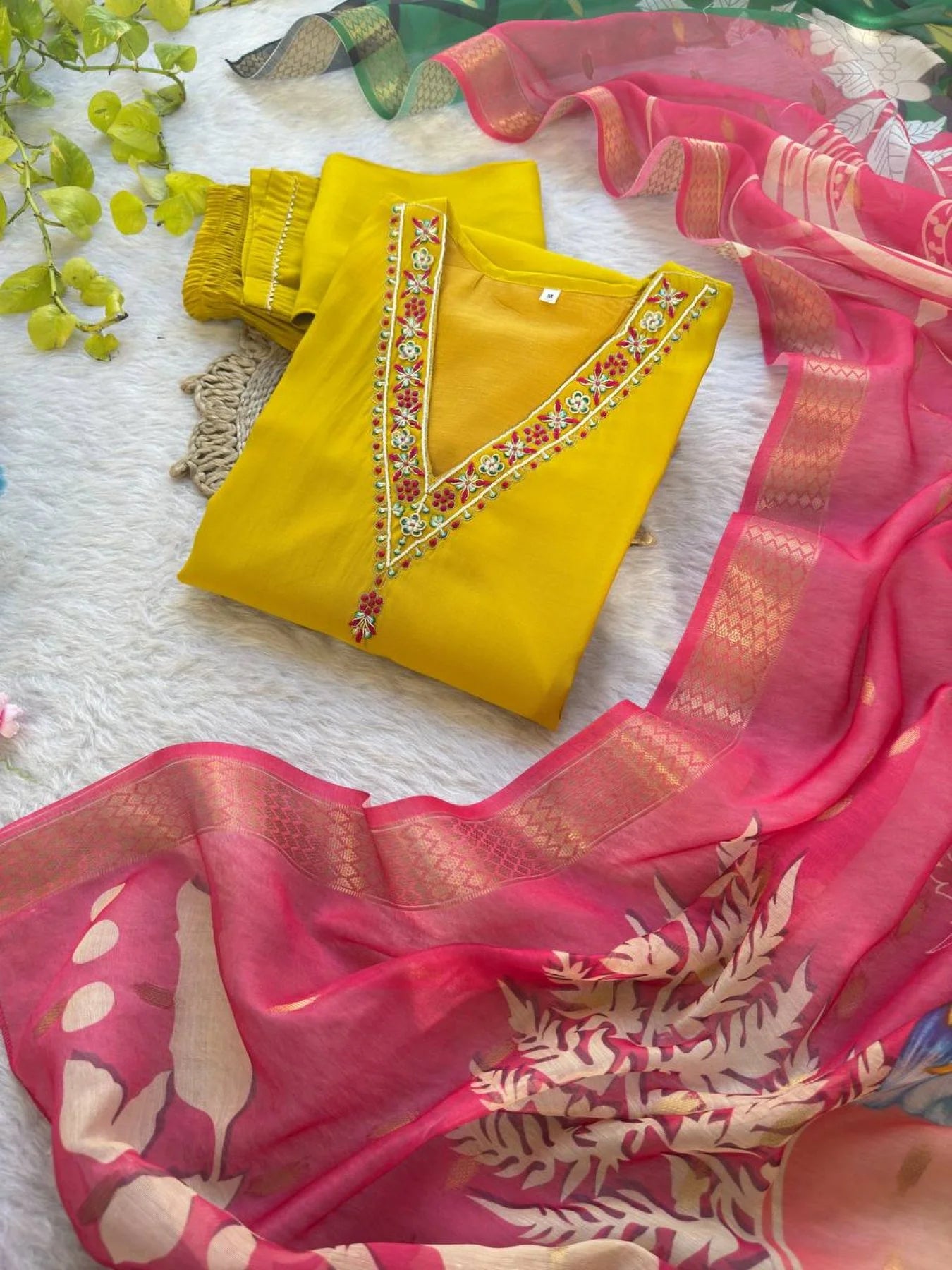 Premium Roman Silk Kurti Set with Hand Embroidery & Jacquard Dupatta 3PC Festive Wear at Wholesale Price