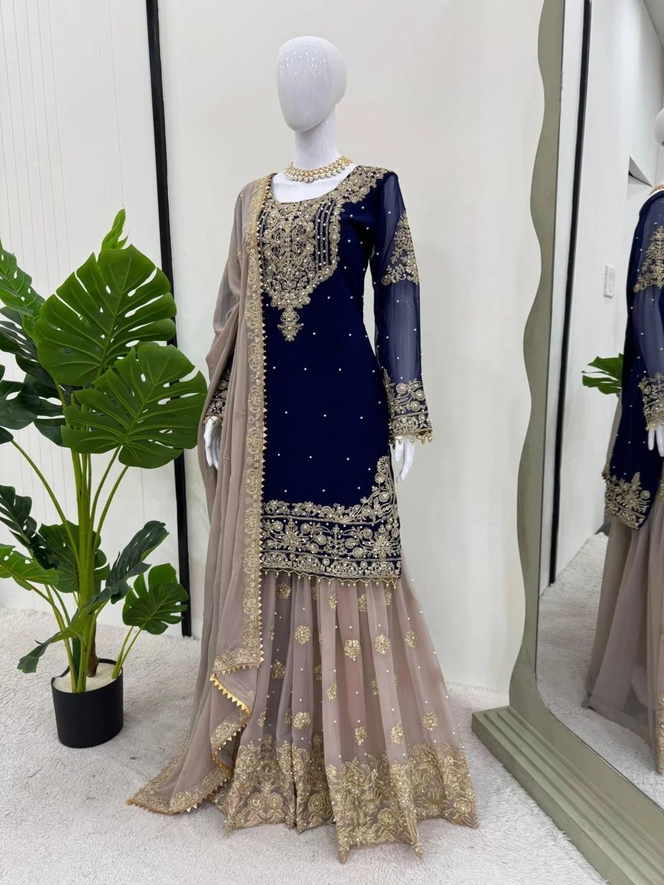 Beautiful Designer faux Georgette Sequence Blue Sharara set with Dupatta