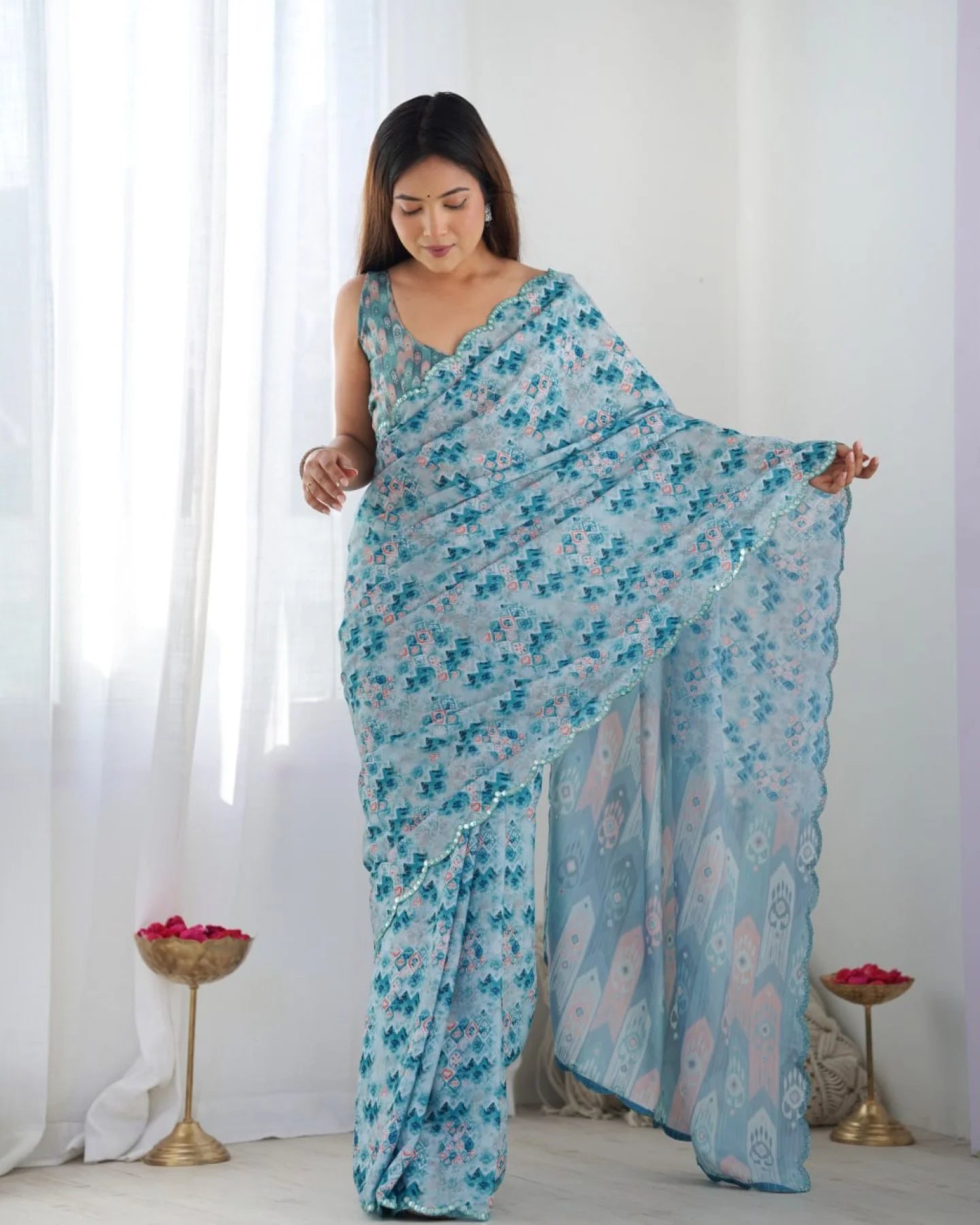 Stylish Chinon Sky Blue Saree with Mirror Lace & Blouse Piece Exclusive Wholesale Collection India