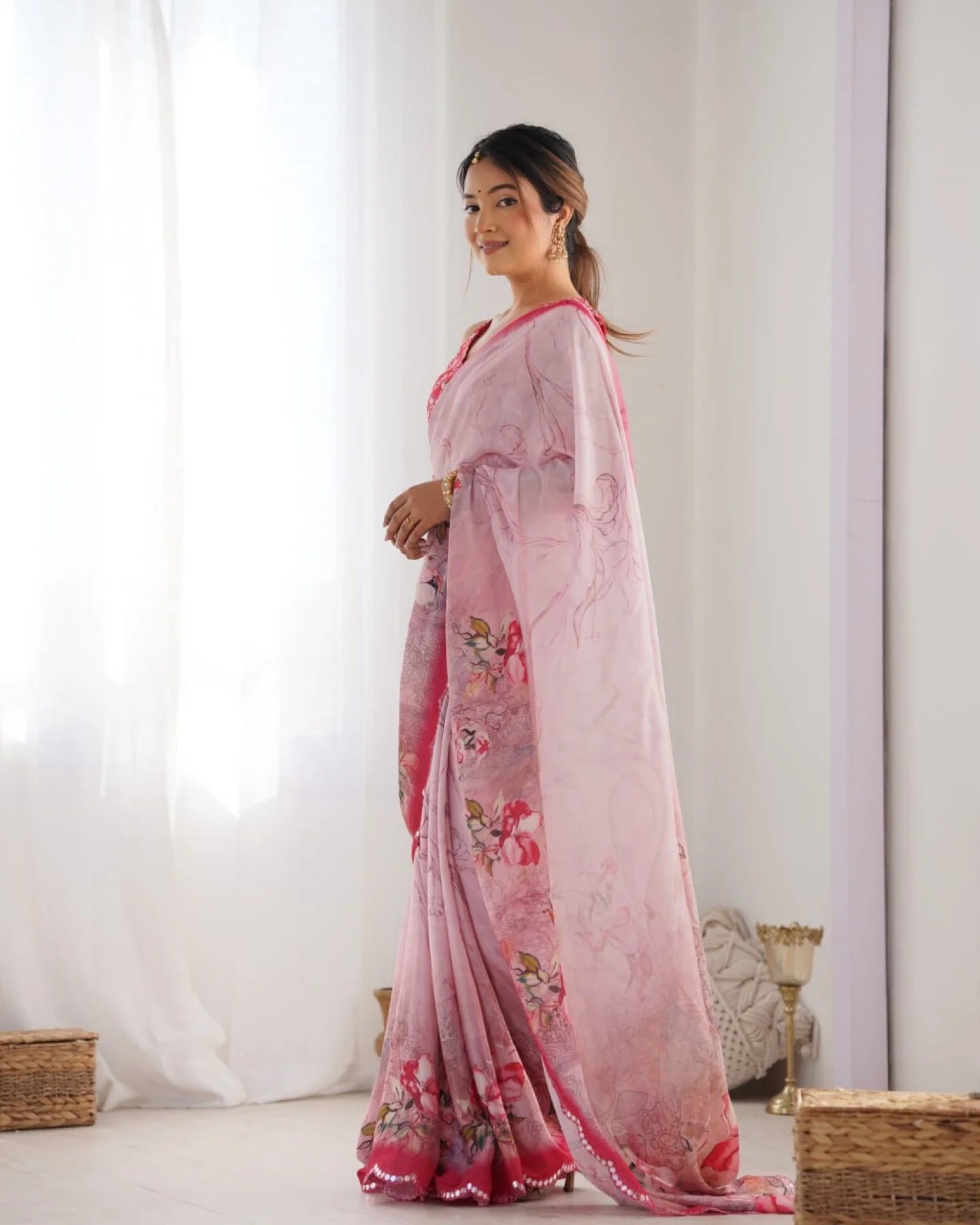 Baby Pink Chinon Saree with Pure Kutchi Mirror Work Lace Special Occasion Wear from Top Surat Supplier