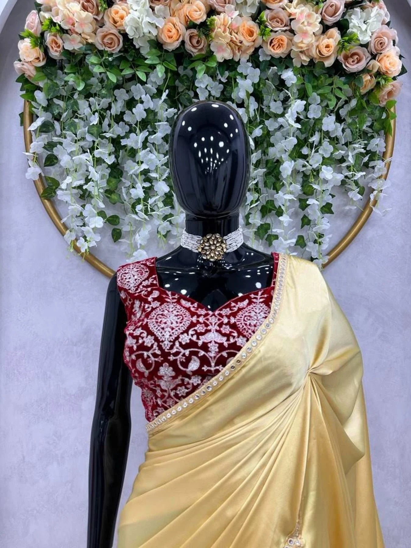 Cream Color Japan Satin Sequence Lace Work Saree