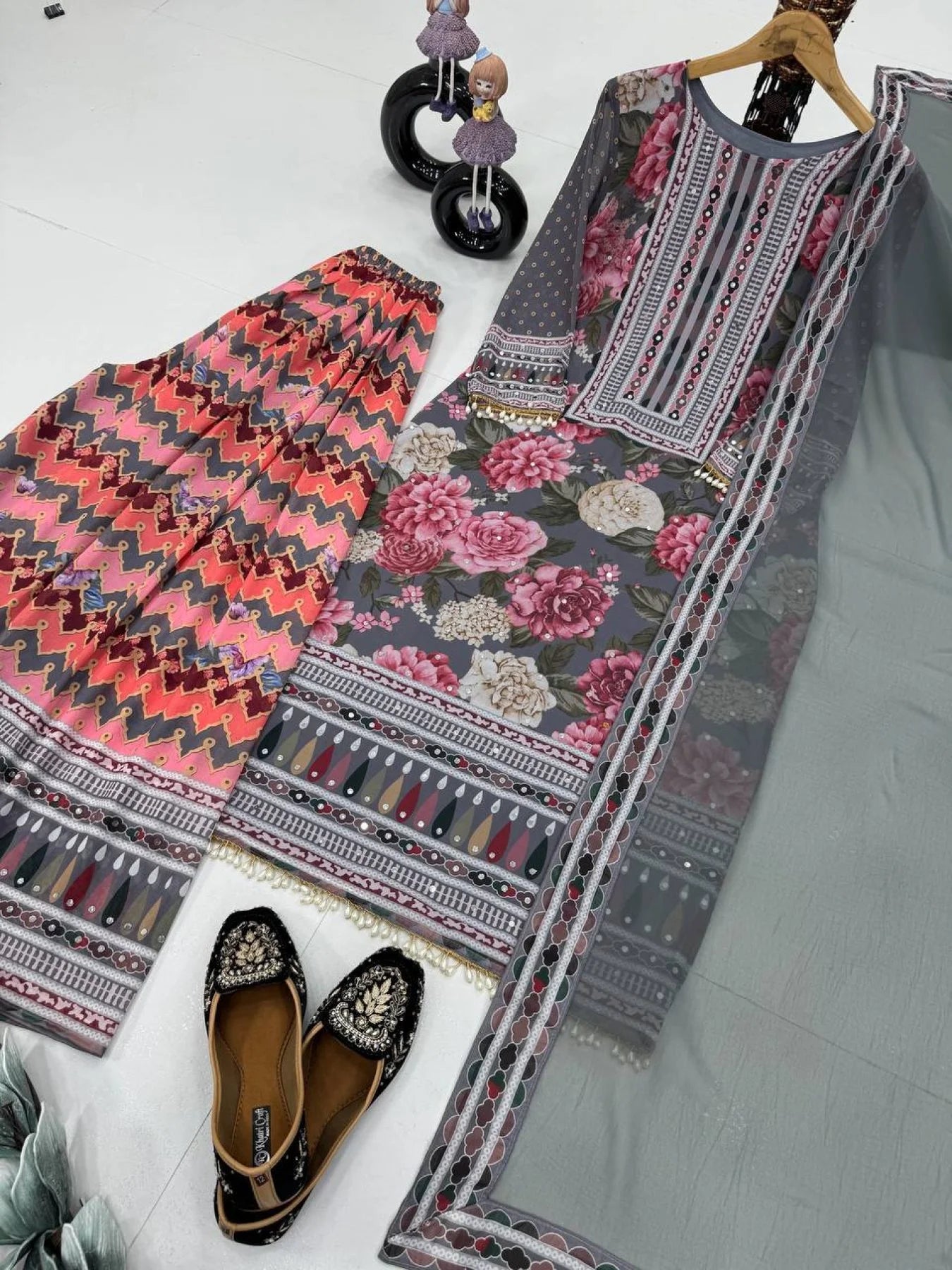 New womens wear Fancy printed Embroidered And Real Mirror Work Top And Pant With Printed Dupatta Kurta Set
