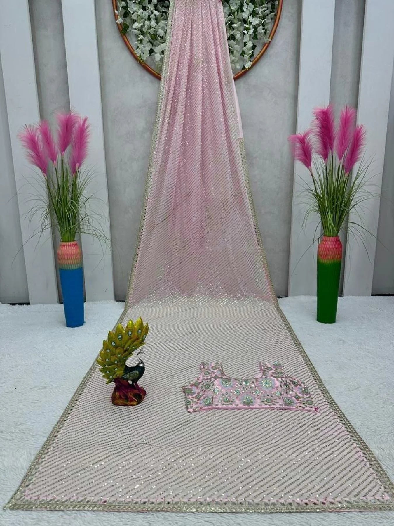 Baby Pink Mirror Sequin Embroidered Saree