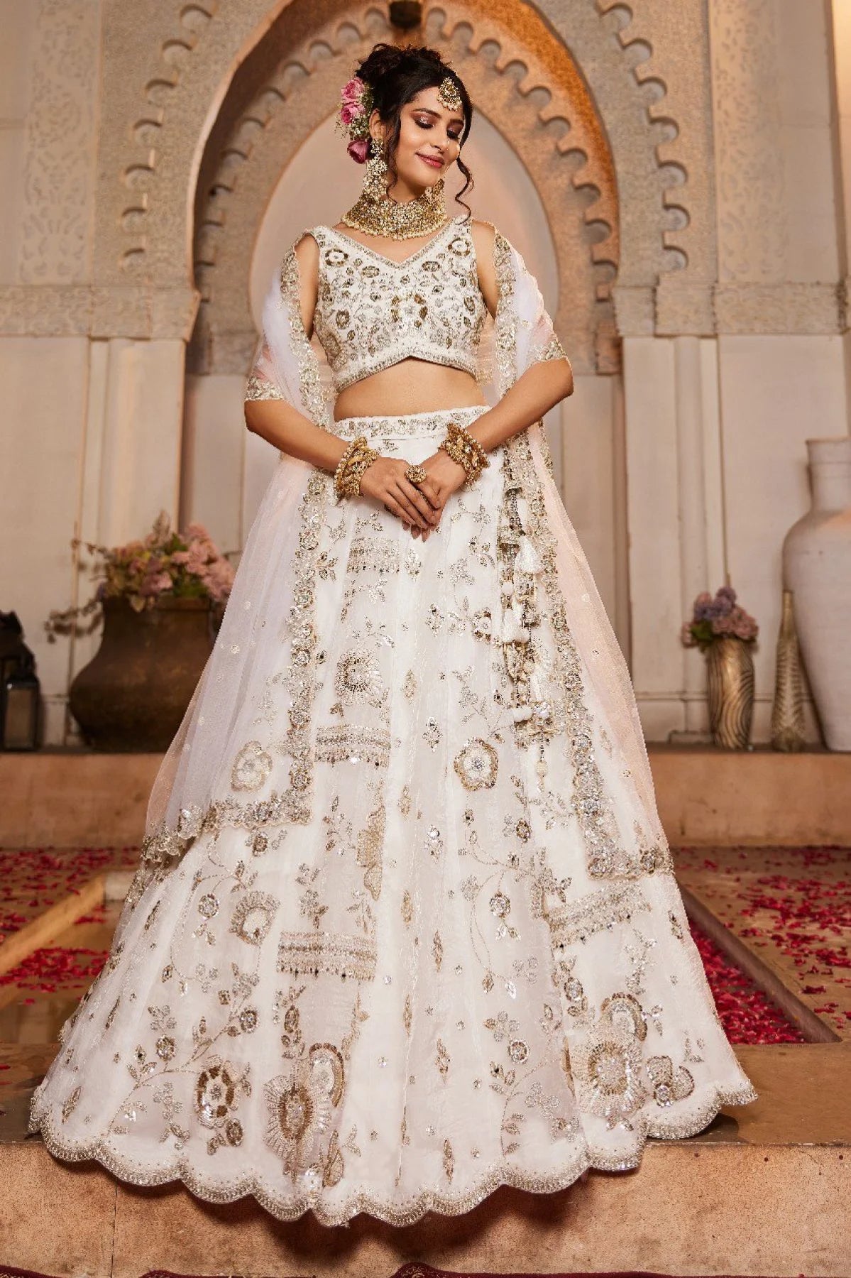 Attractive Off White Sequins Tissue Silk Lehenga Choli Beads Mirror Zari Work from Surat Manufacturer