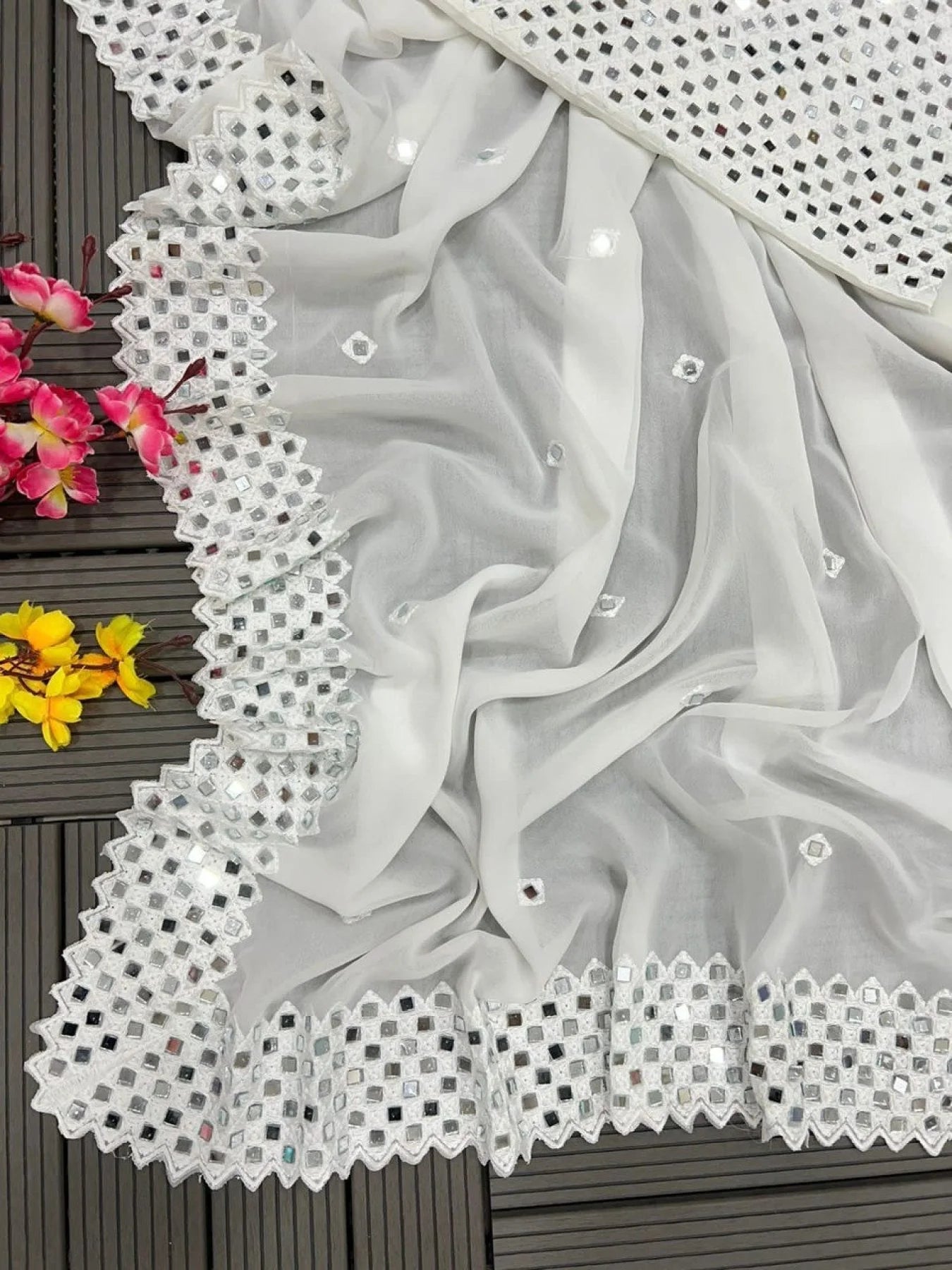 White Super Trending Georgette Mirror work Saree