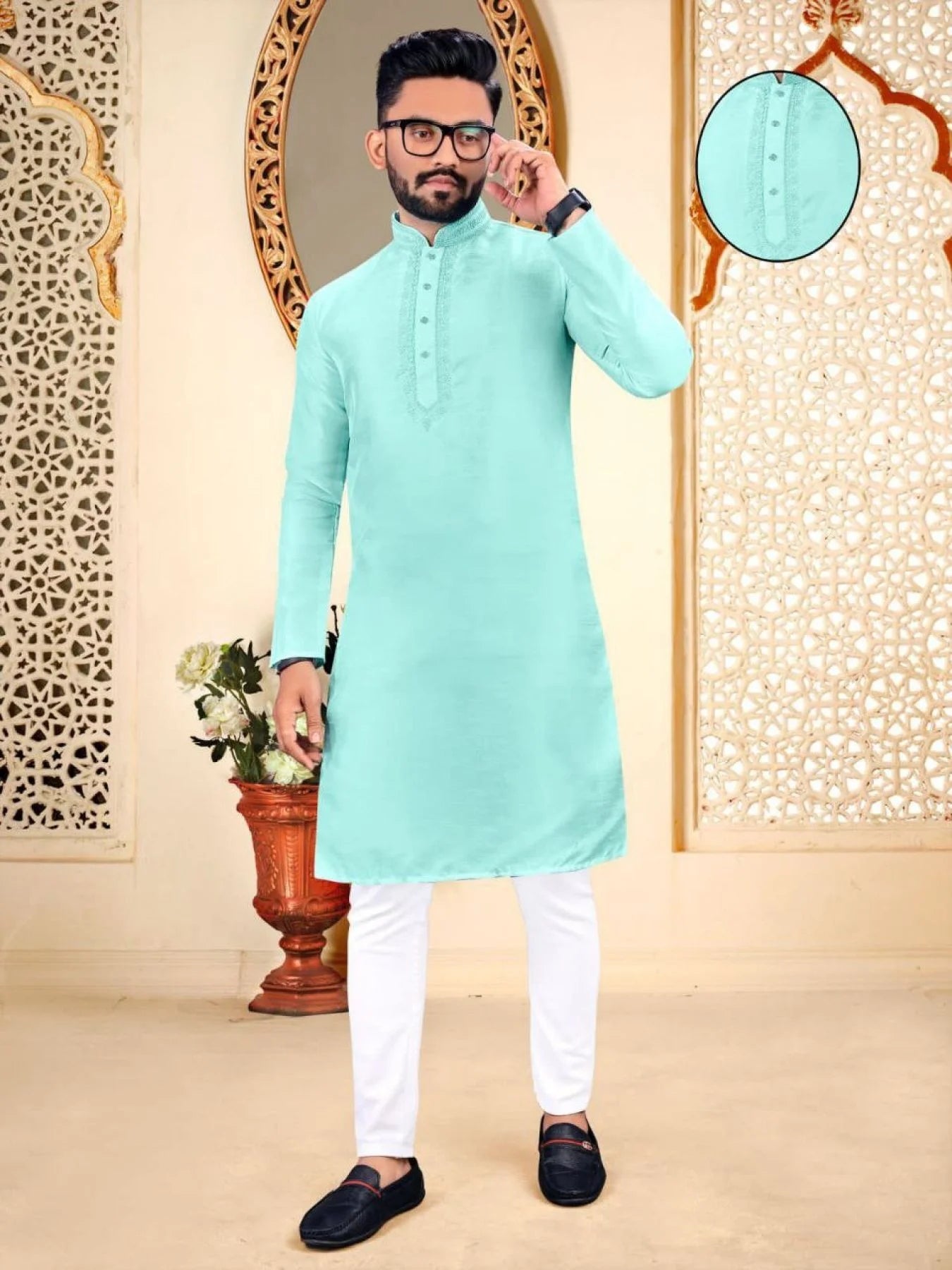 Remarkable Men's Traditional Pure Malbari Cotton Kurta with Embroidery Neck Patter