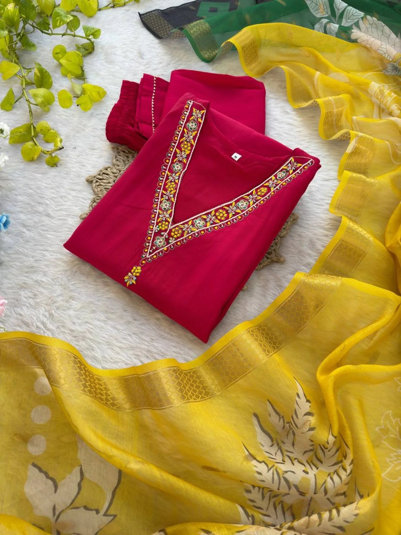 Roman Silk Kurti Pant Dupatta Set Hand Embroidered 3PC with Designer Chanderi Dupatta Wholesale from Surat