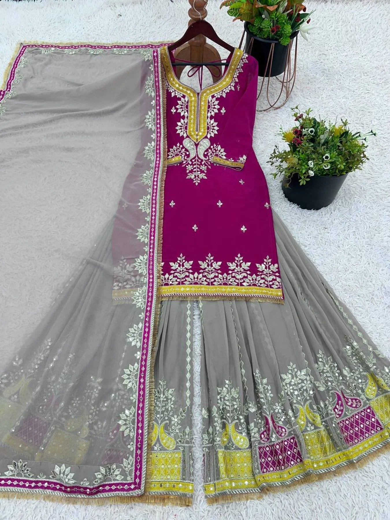 2025 Wholesale Premium Mustard Georgette Sharara Suit Fully Stitched Heavy Embroidery Ready to Wear Designer Collection at Affordable Prices