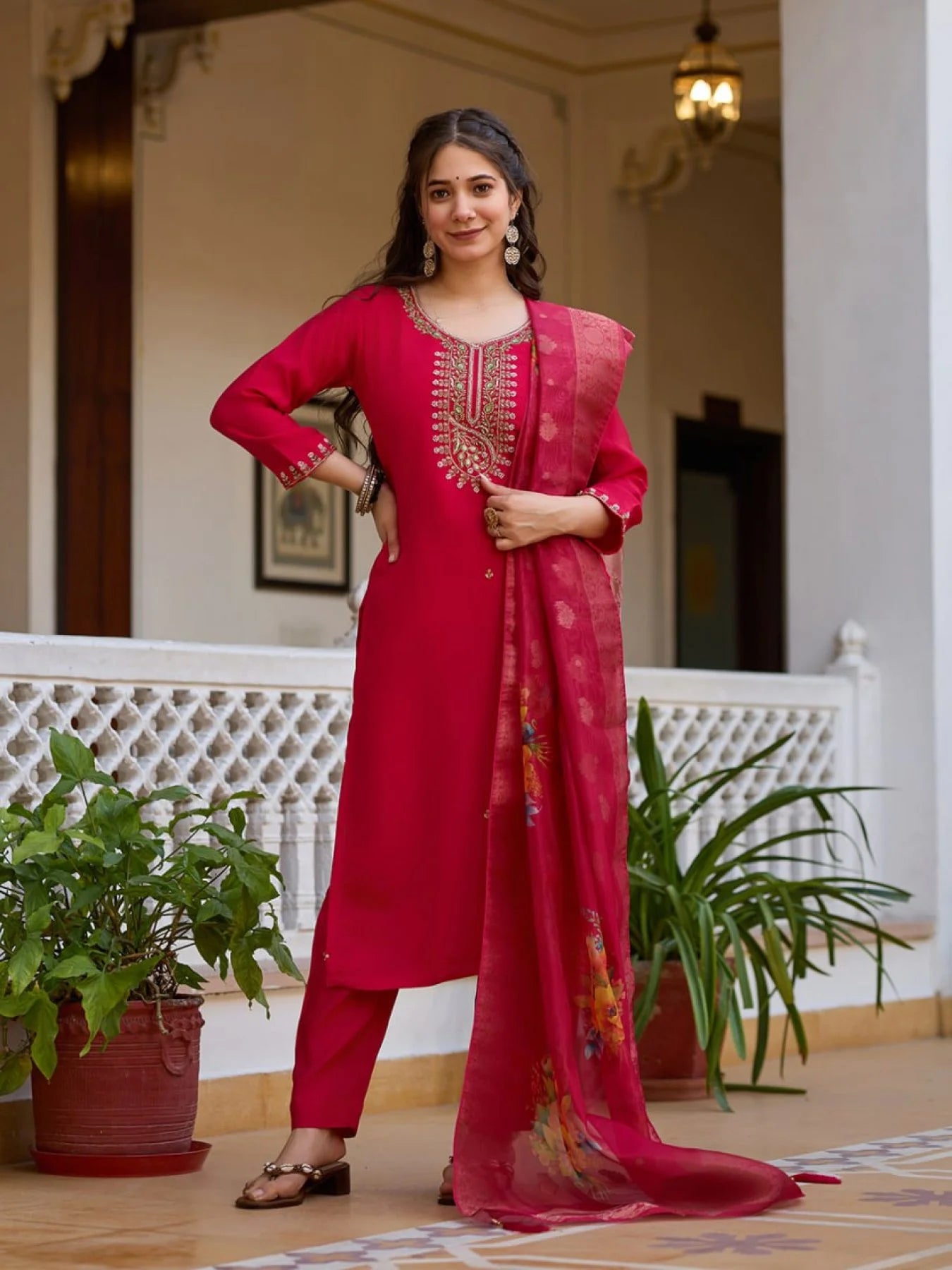 Bead Work Viscose Chanderi Kurti Suit Set with Printed Organza Dupatta Ready to Wear 3 Piece Set at Manufacturer Rate