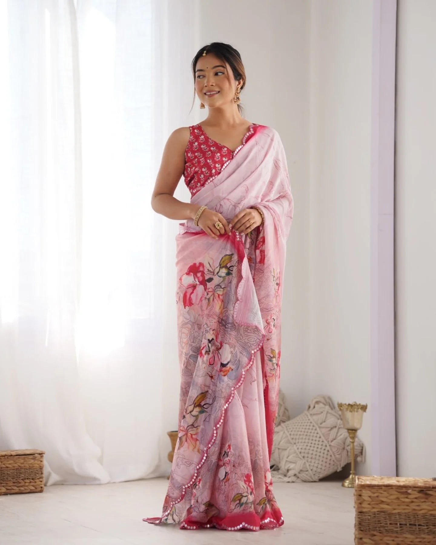 Baby Pink Chinon Saree with Pure Kutchi Mirror Work Lace Special Occasion Wear from Top Surat Supplier