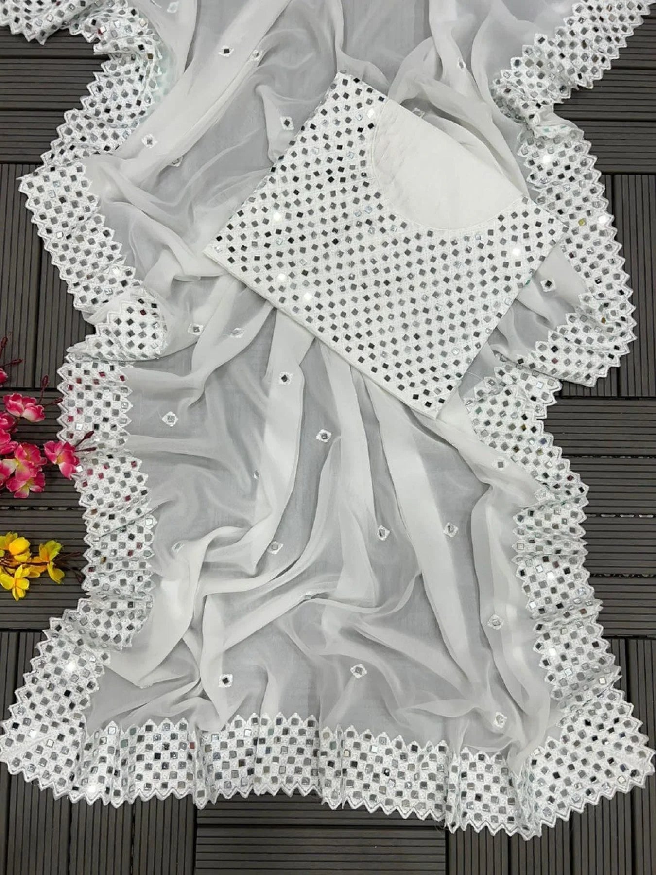 White Super Trending Georgette Mirror work Saree
