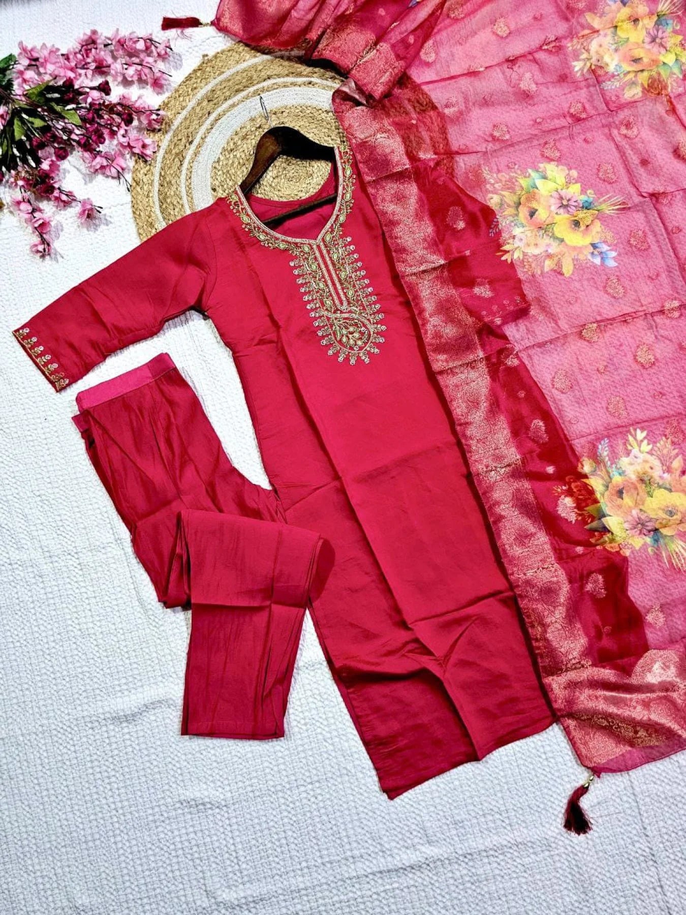 Bead Work Viscose Chanderi Kurti Suit Set with Printed Organza Dupatta Ready to Wear 3 Piece Set at Manufacturer Rate