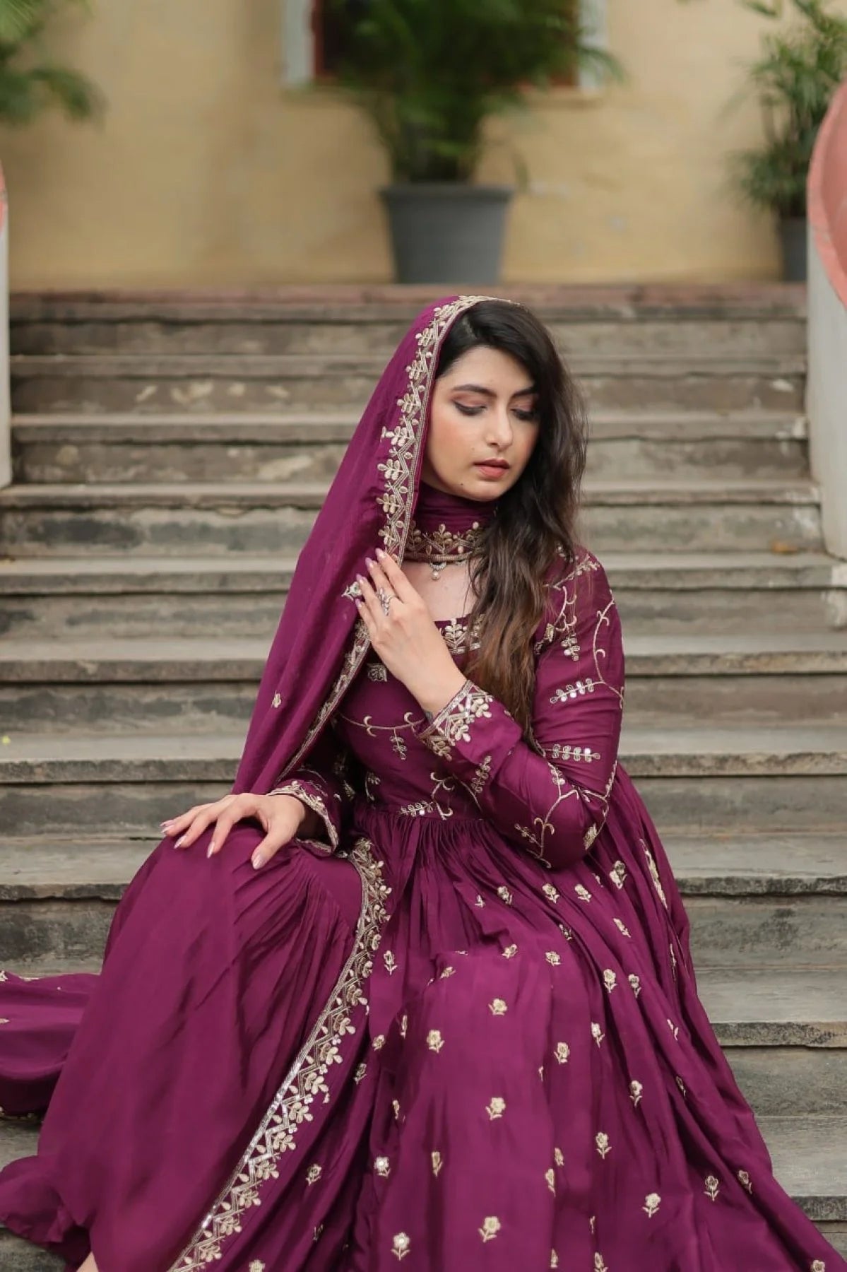 Stunning Wine Color Chinon Designer Embroidered Salwar Suit