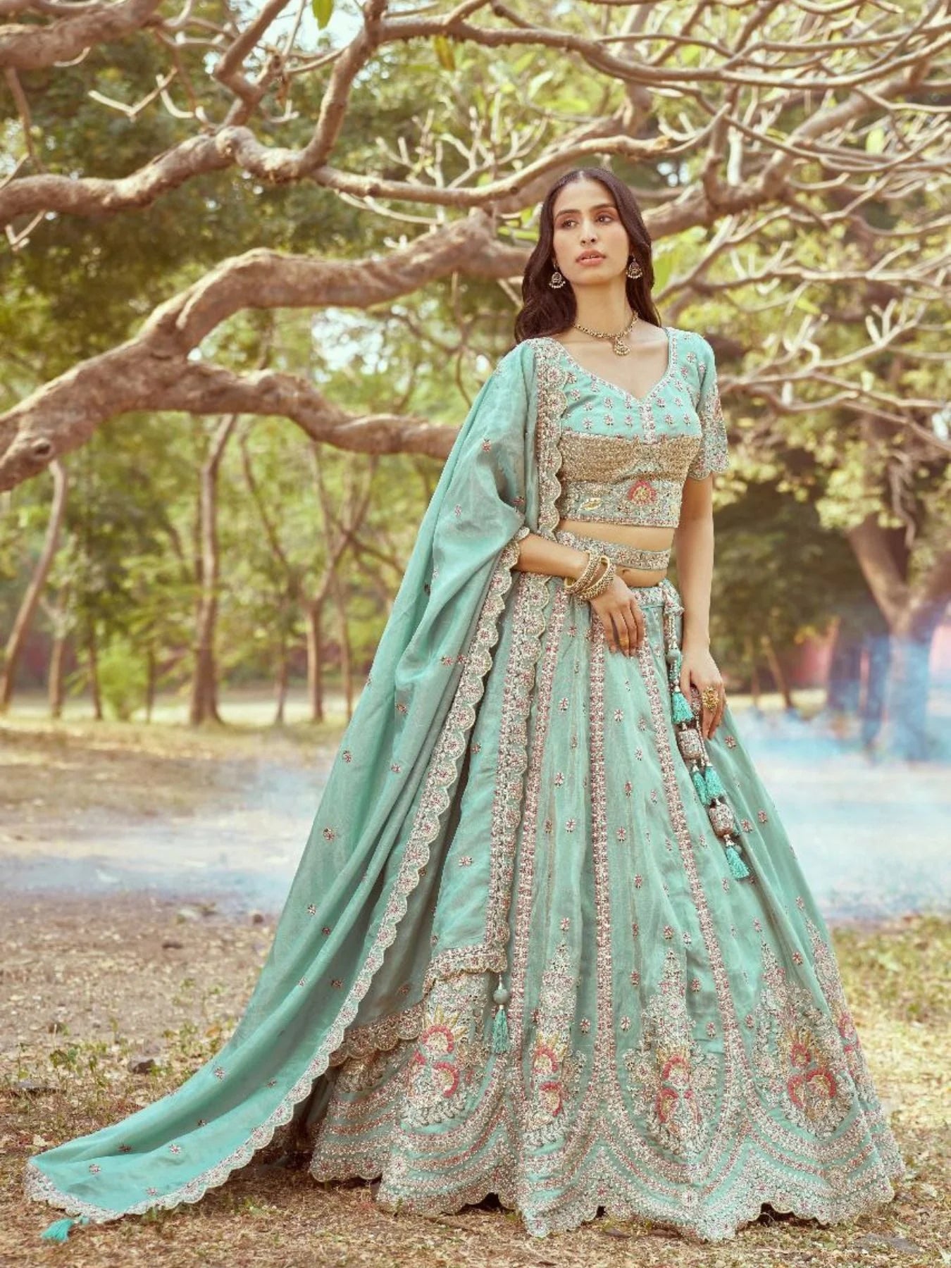 Sea Green Crushed Tissue Bridal Lehenga Multi Embroidery with Moti Zari Dupatta Latest Exporter Designer