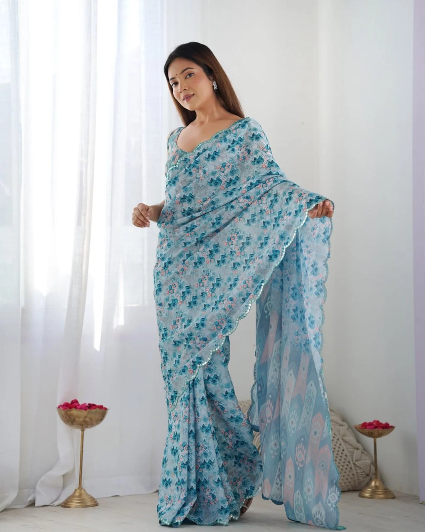 Stylish Chinon Sky Blue Saree with Mirror Lace & Blouse Piece Exclusive Wholesale Collection India