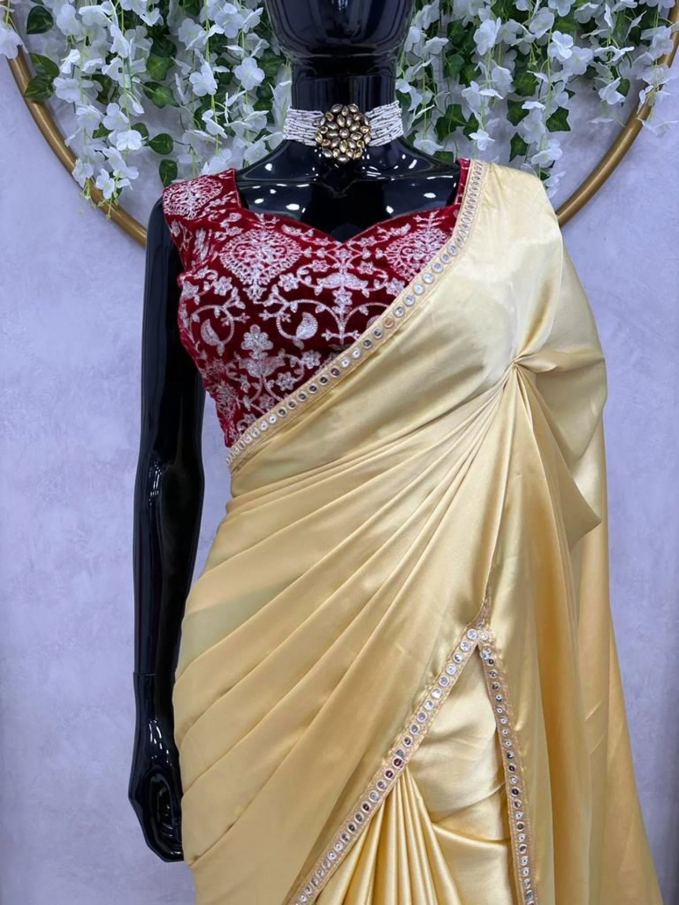 Cream Color Japan Satin Sequence Lace Work Saree