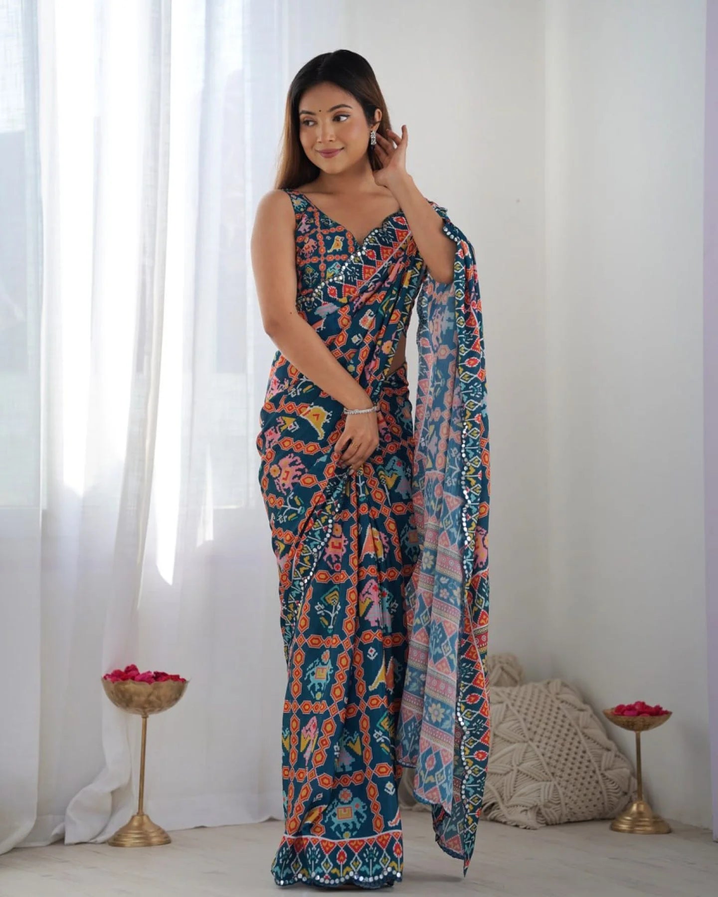 Two Tone Chinon Saree with Mirror Work Embellishments New Arrival Export Quality at Wholesale Price
