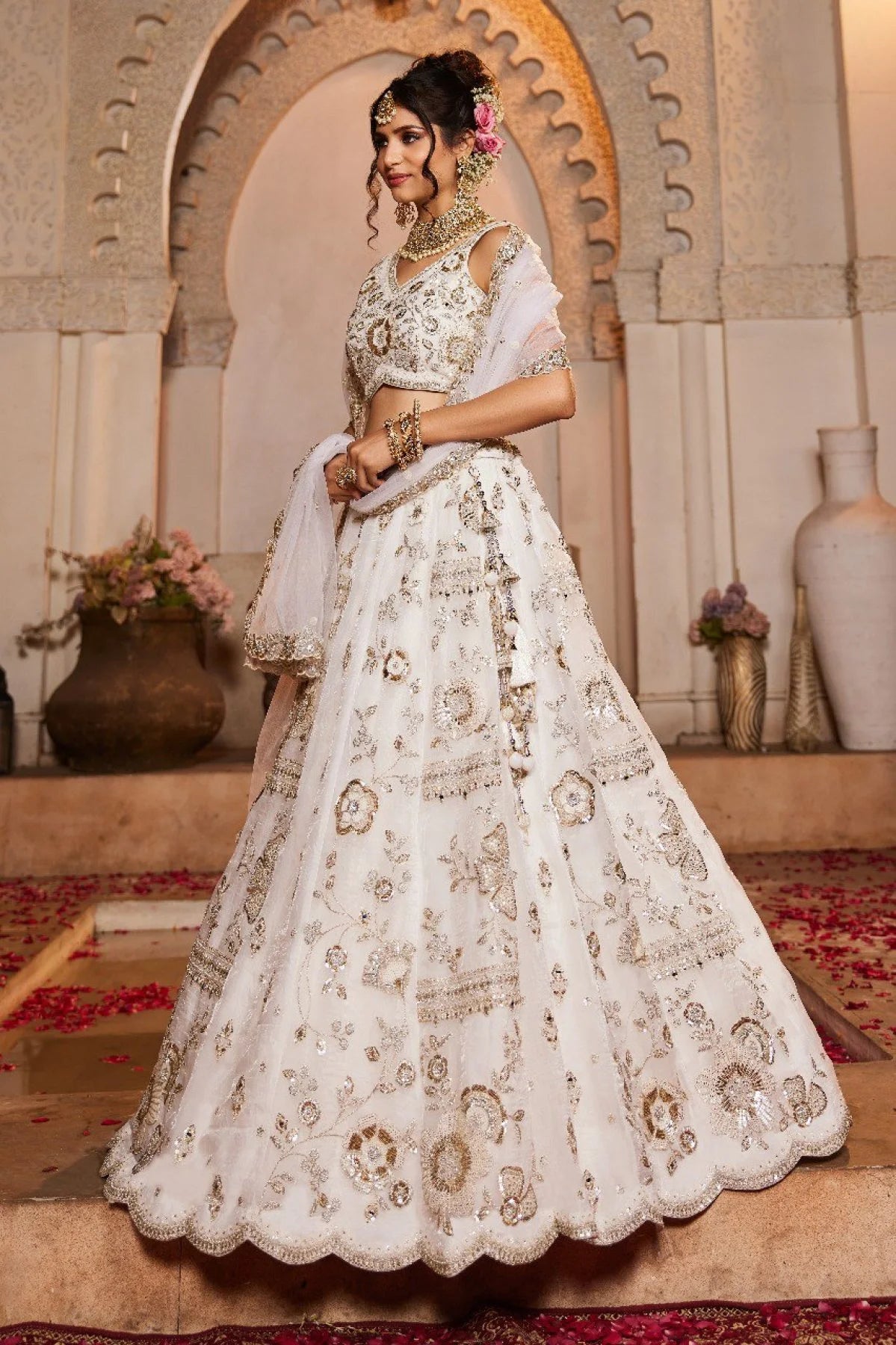 Attractive Off White Sequins Tissue Silk Lehenga Choli Beads Mirror Zari Work from Surat Manufacturer