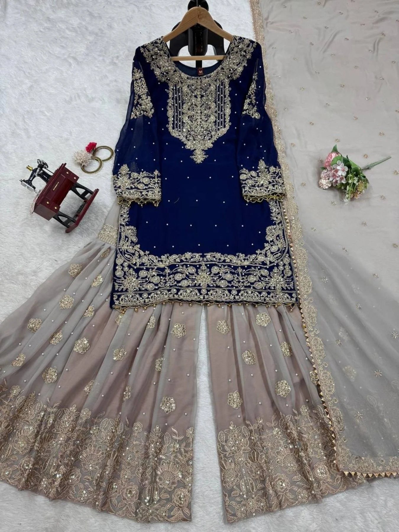 Beautiful Designer faux Georgette Sequence Blue Sharara set with Dupatta