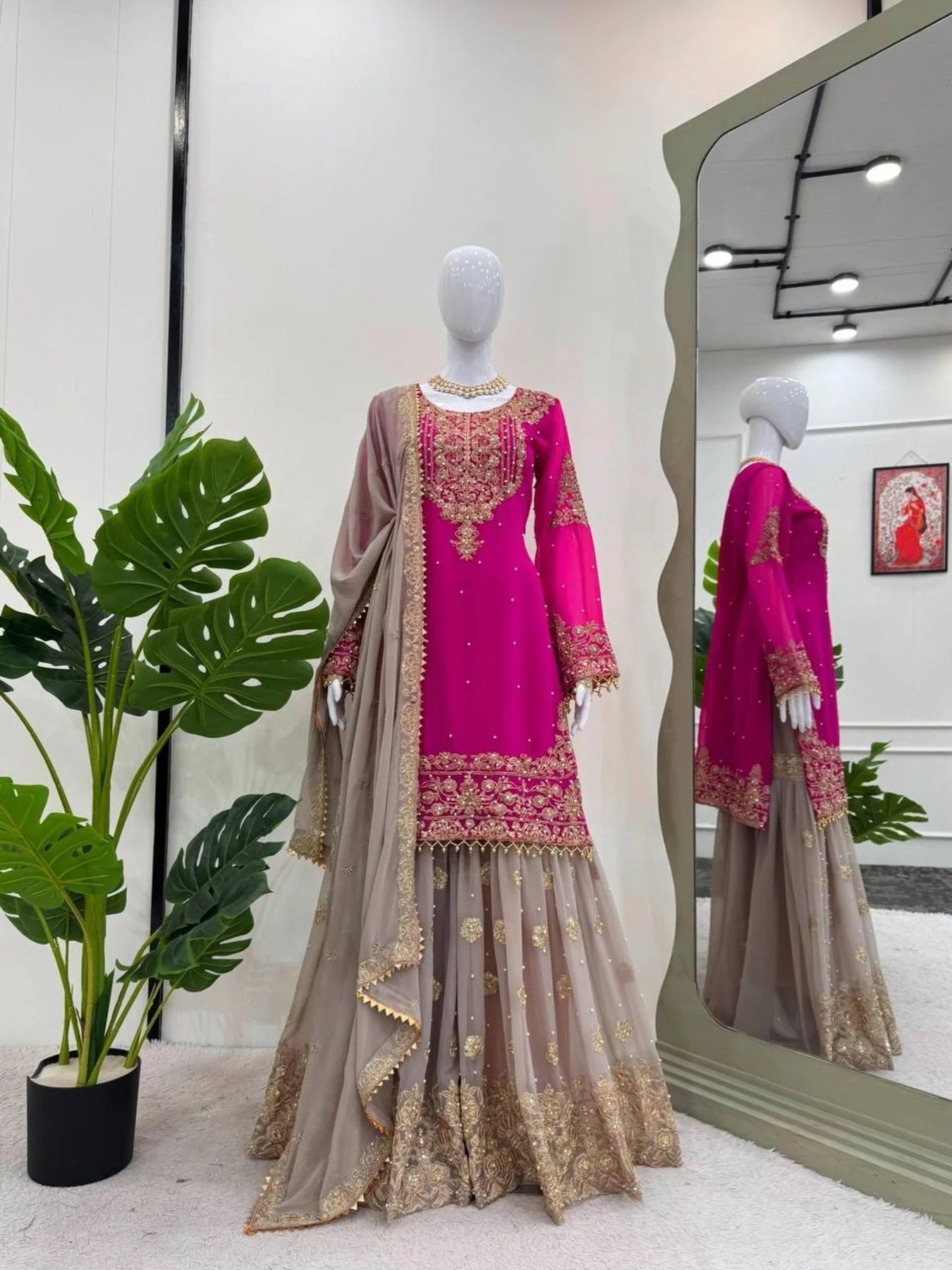 Beautiful Designer faux Georgette Sequence Pink Sharara set with Dupatta