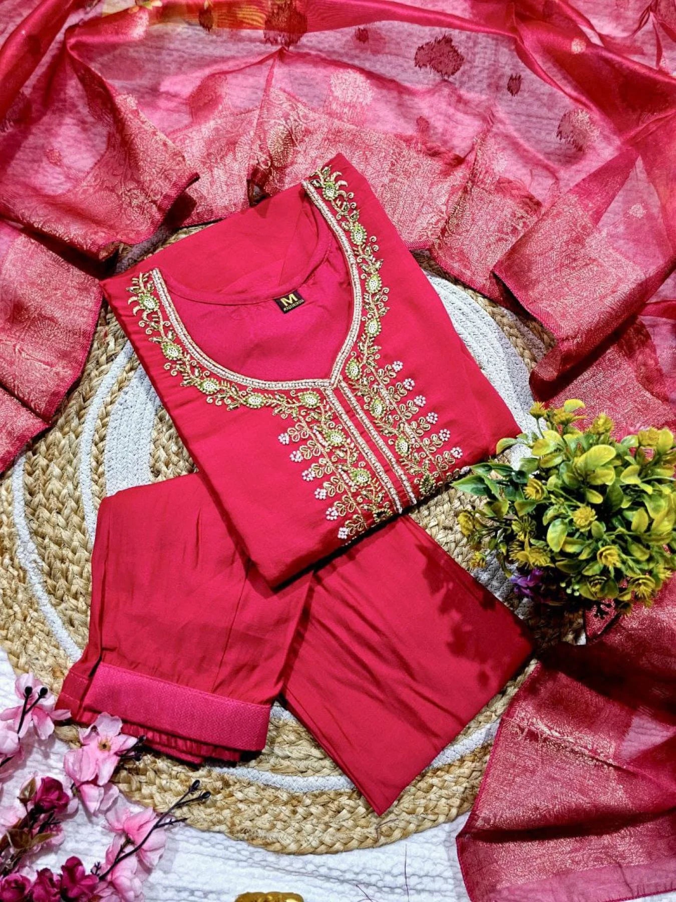 Bead Work Viscose Chanderi Kurti Suit Set with Printed Organza Dupatta Ready to Wear 3 Piece Set at Manufacturer Rate