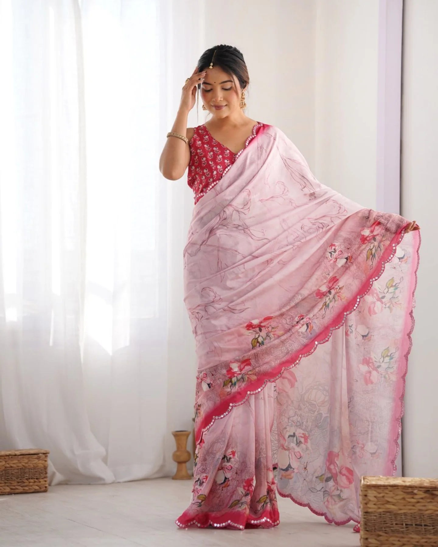 Baby Pink Chinon Saree with Pure Kutchi Mirror Work Lace Special Occasion Wear from Top Surat Supplier