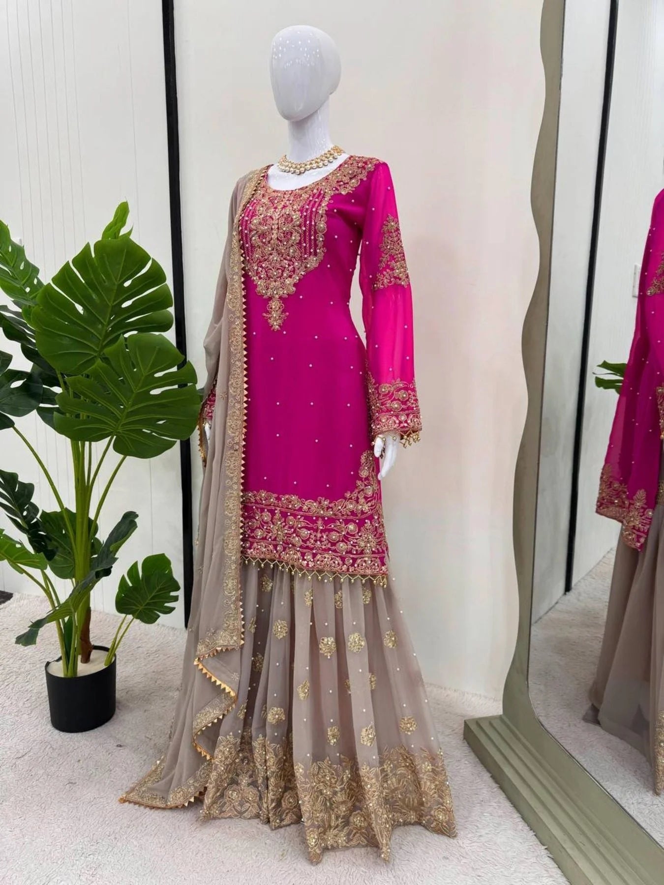 Beautiful Designer faux Georgette Sequence Pink Sharara set with Dupatta